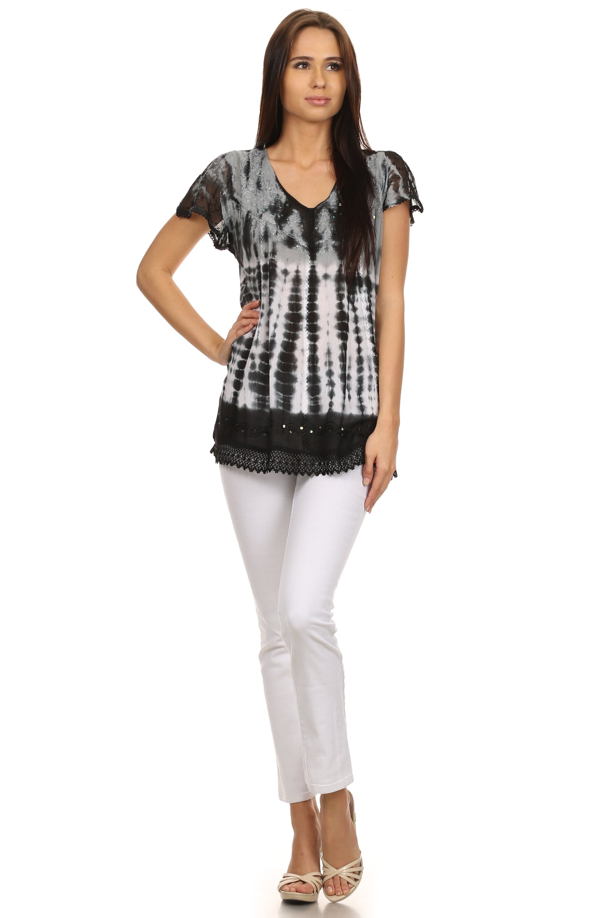 Sakkas Violet Embroidery Tie Dye Sequin Accents Blouse / Top - Concordia Style Boutique