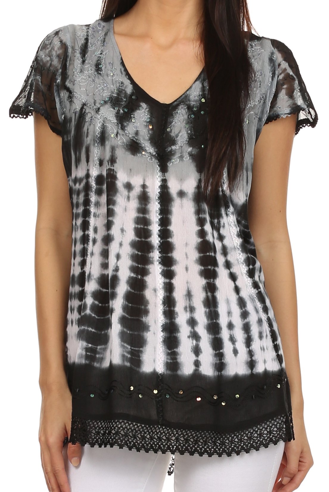 Sakkas Violet Embroidery Tie Dye Sequin Accents Blouse / Top - Concordia Style Boutique