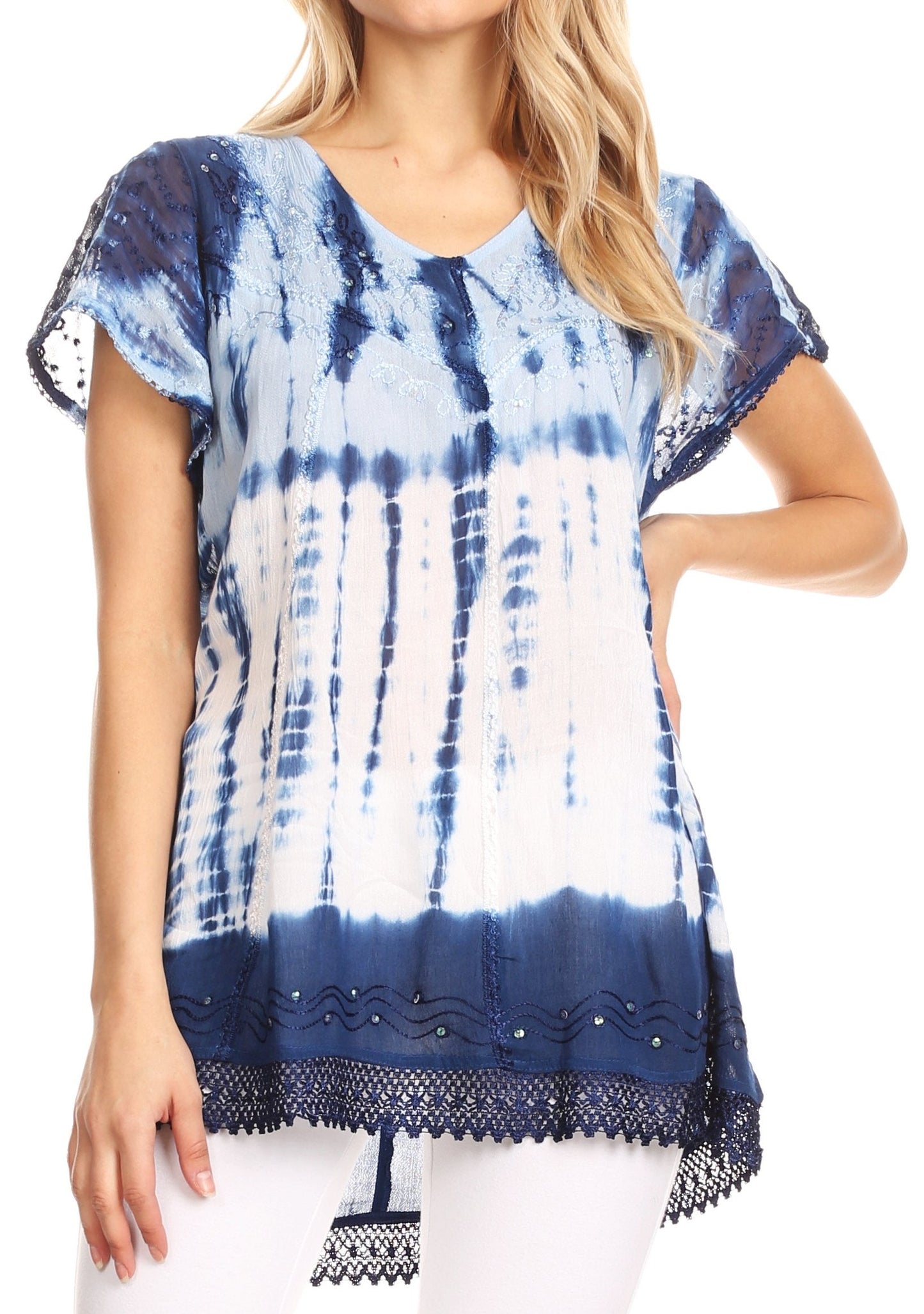 Sakkas Violet Embroidery Tie Dye Sequin Accents Blouse / Top - Concordia Style Boutique