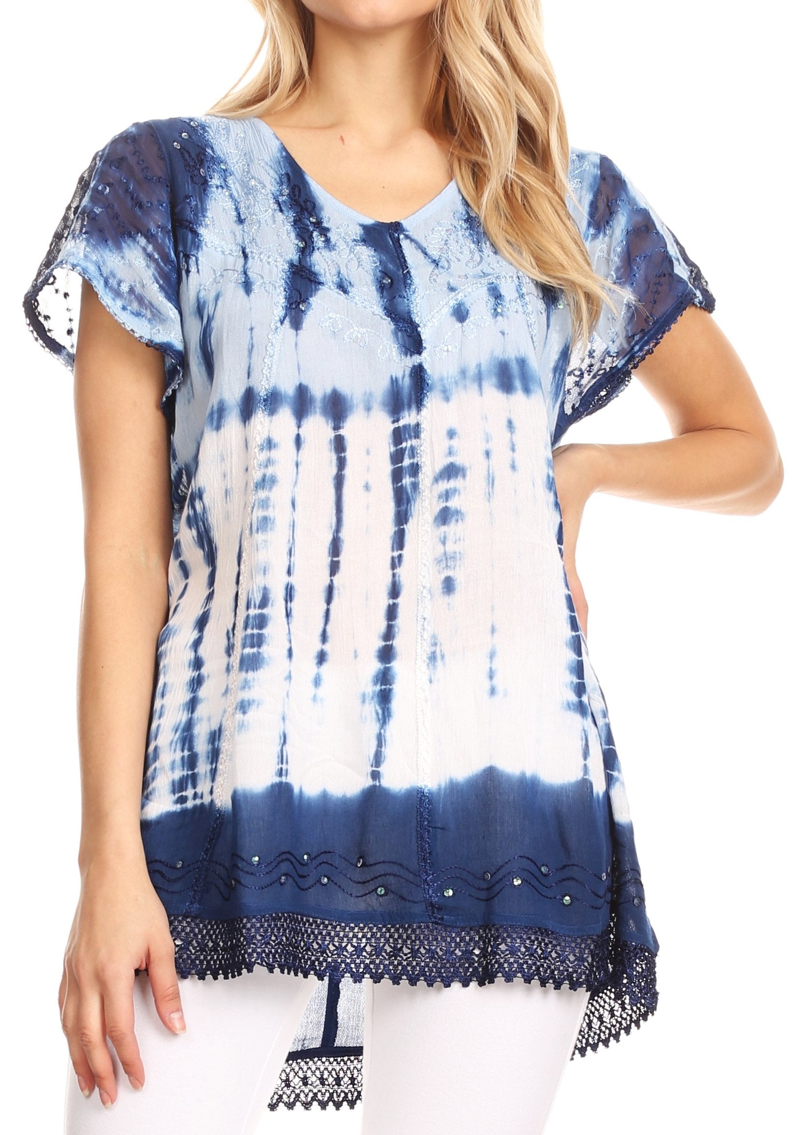 Sakkas Violet Embroidery Tie Dye Sequin Accents Blouse / Top - Concordia Style Boutique