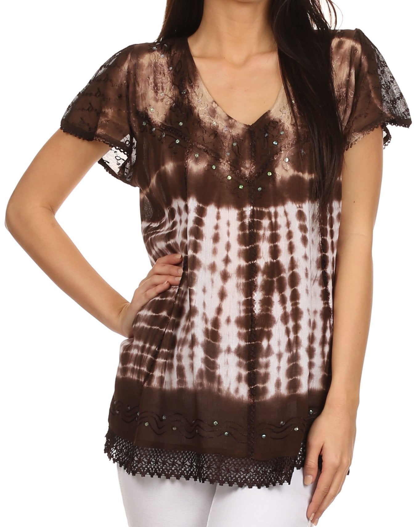 Sakkas Violet Embroidery Tie Dye Sequin Accents Blouse / Top - Concordia Style Boutique