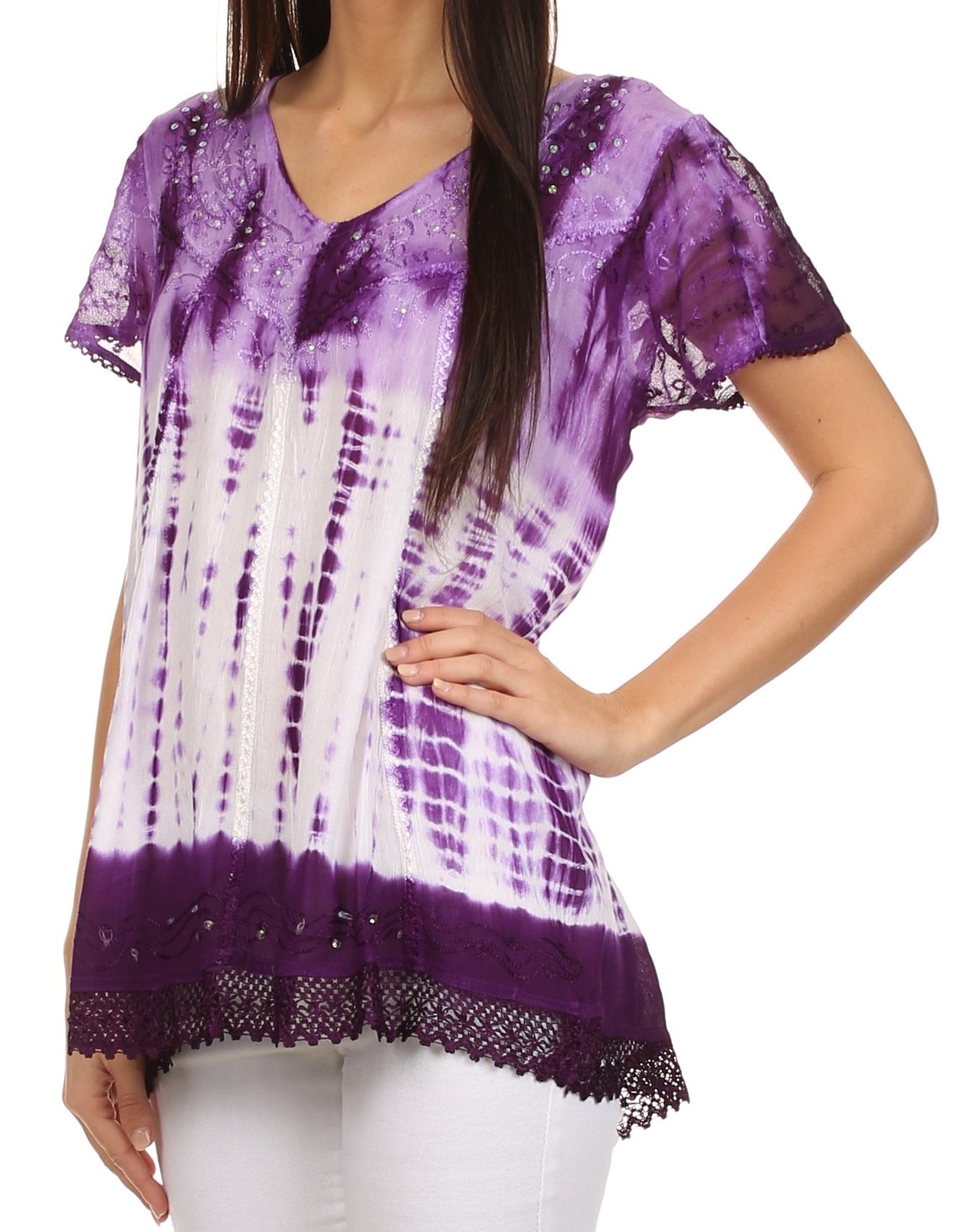 Sakkas Violet Embroidery Tie Dye Sequin Accents Blouse / Top - Concordia Style Boutique