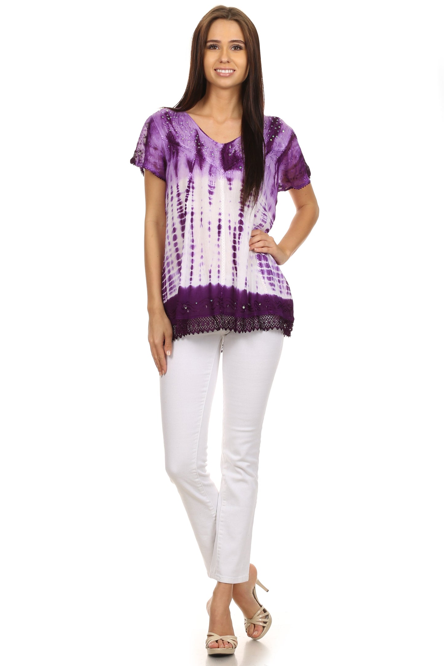 Sakkas Violet Embroidery Tie Dye Sequin Accents Blouse / Top - Concordia Style Boutique
