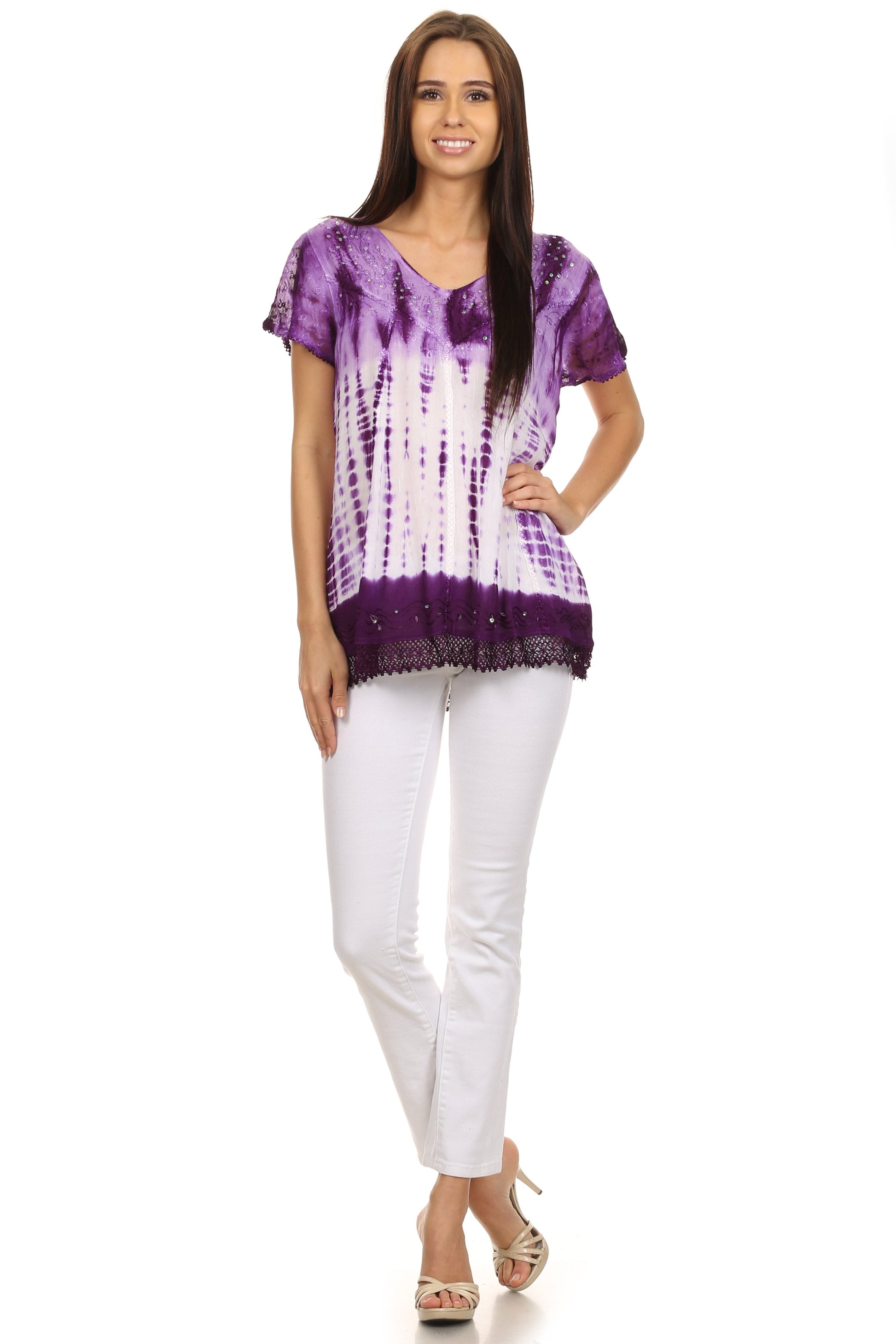 Sakkas Violet Embroidery Tie Dye Sequin Accents Blouse / Top - Concordia Style Boutique