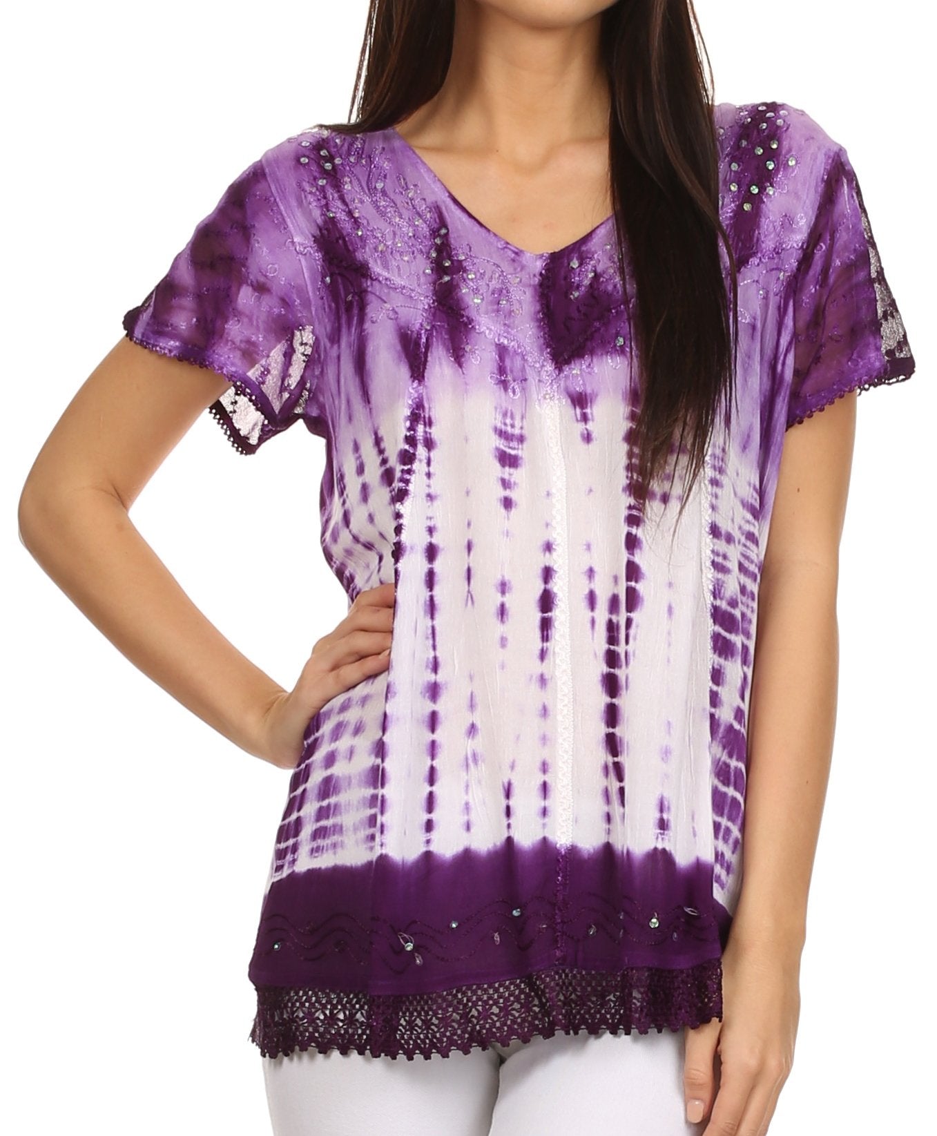 Sakkas Violet Embroidery Tie Dye Sequin Accents Blouse / Top - Concordia Style Boutique