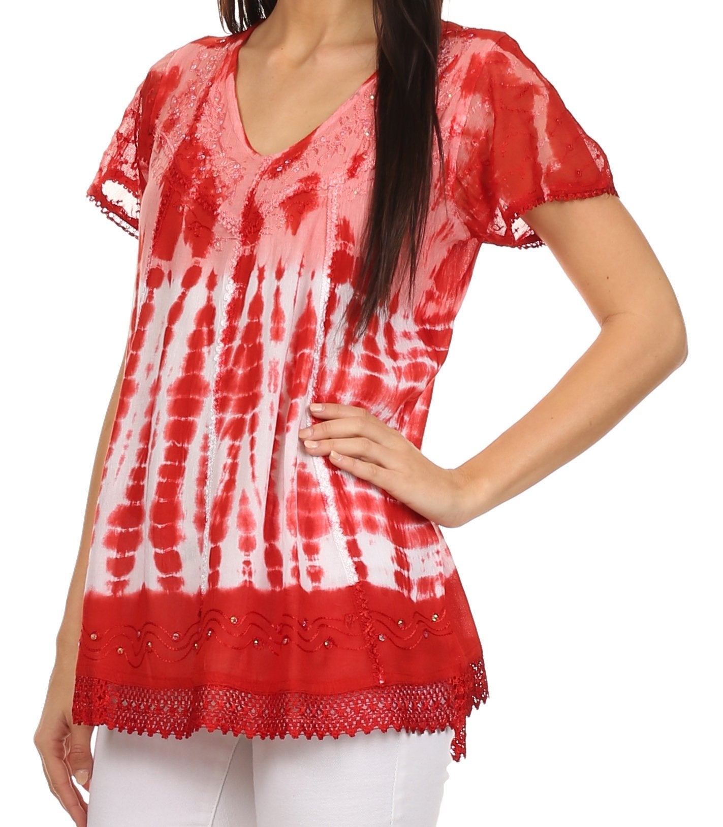 Sakkas Violet Embroidery Tie Dye Sequin Accents Blouse / Top - Concordia Style Boutique