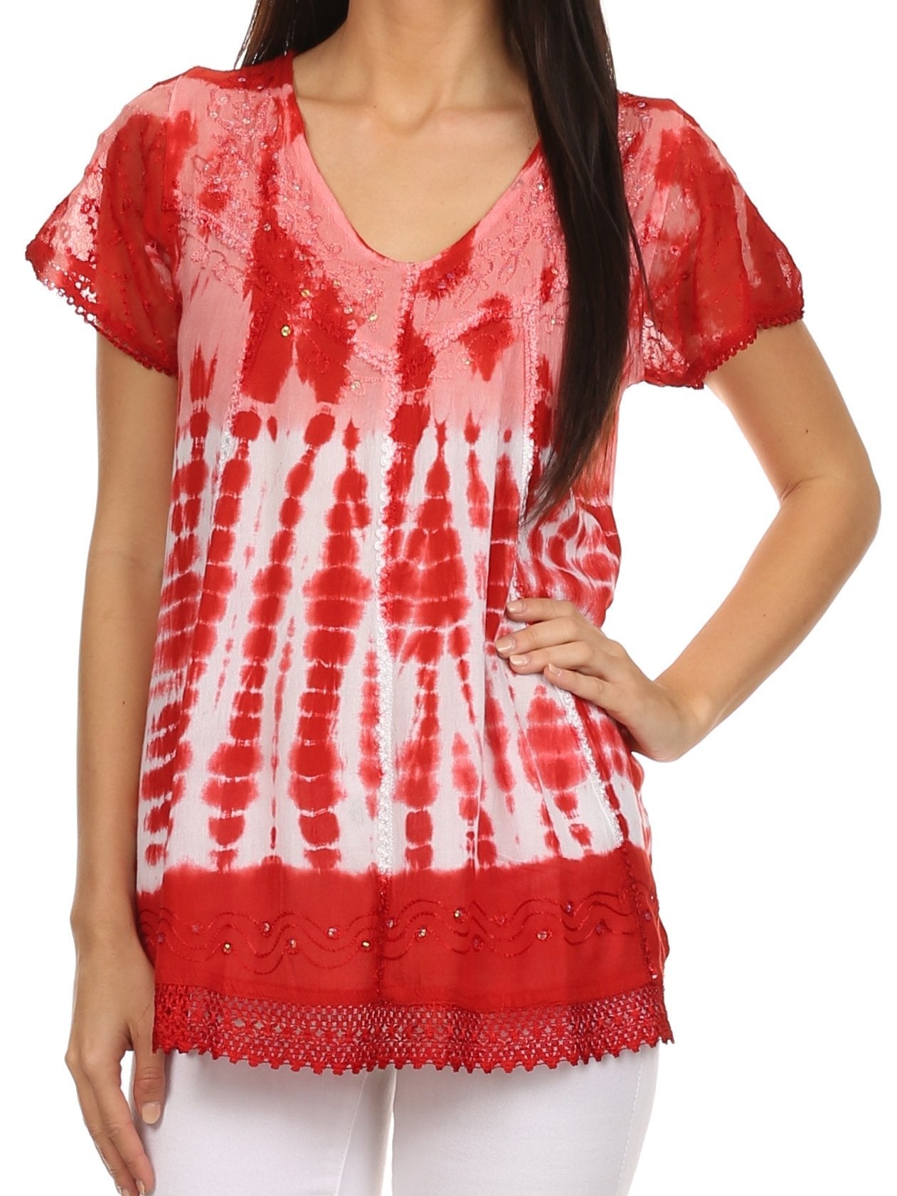 Sakkas Violet Embroidery Tie Dye Sequin Accents Blouse / Top - Concordia Style Boutique