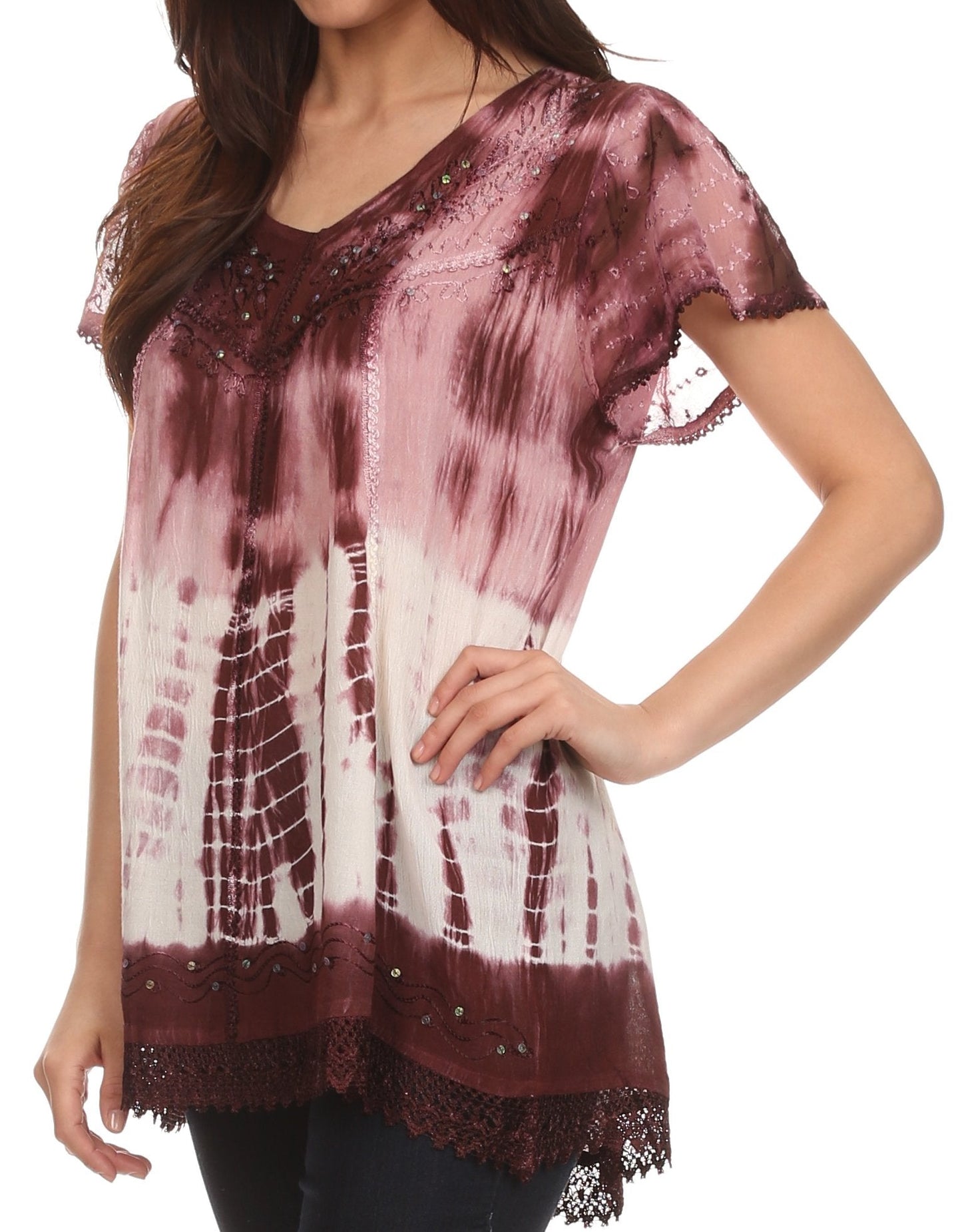 Sakkas Violet Embroidery Tie Dye Sequin Accents Blouse / Top - Concordia Style Boutique