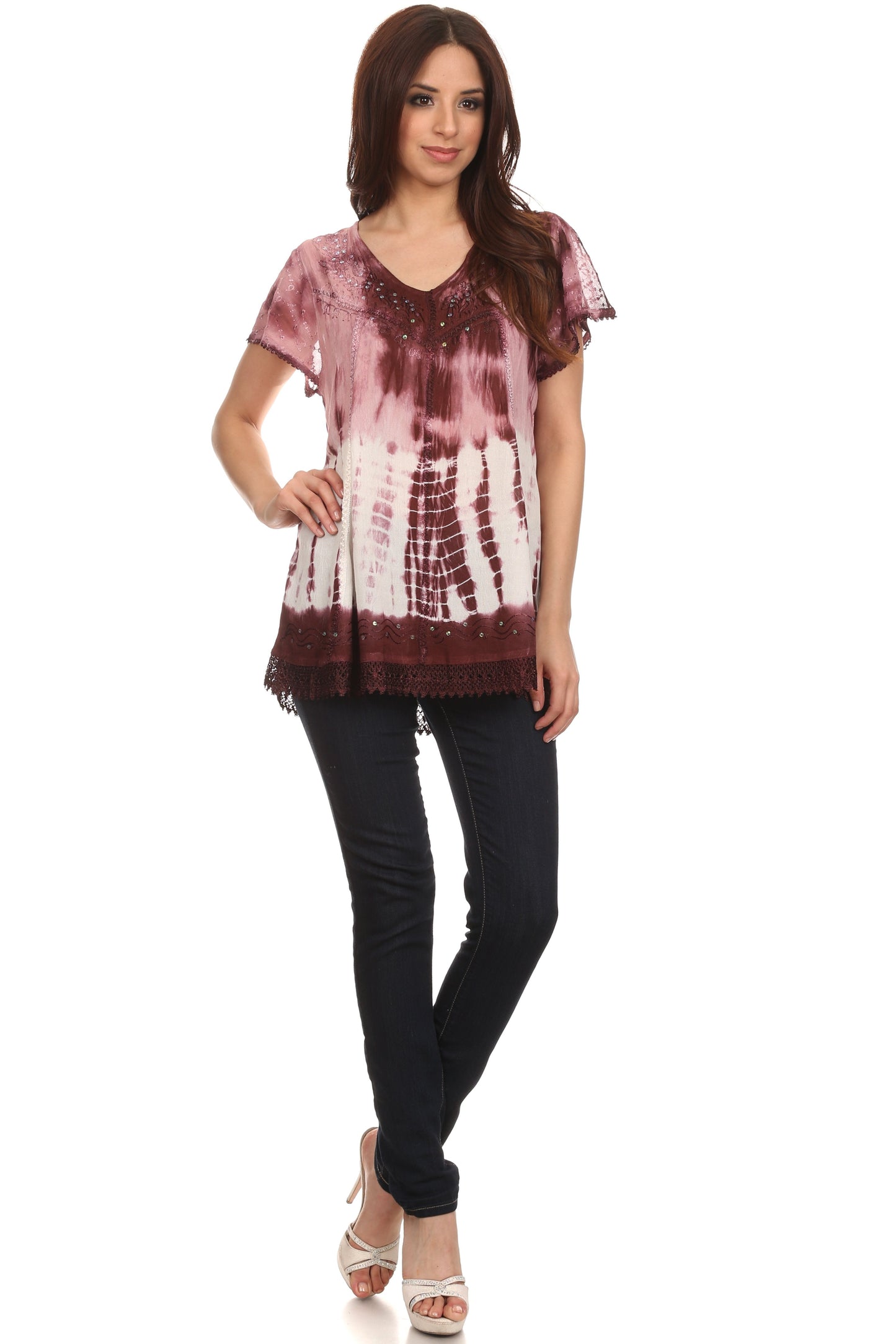 Sakkas Violet Embroidery Tie Dye Sequin Accents Blouse / Top - Concordia Style Boutique