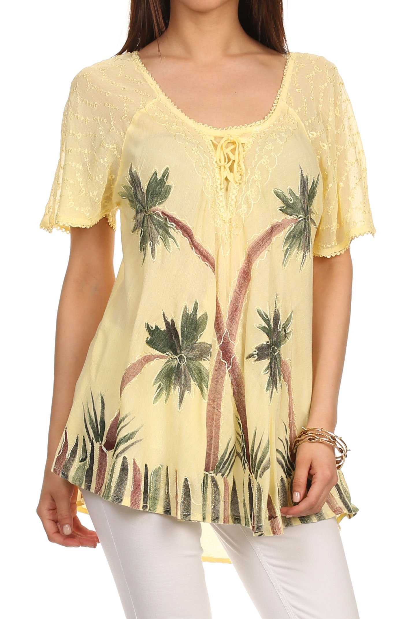 Sakkas Albina Island Relaxed Fit Embroidery Cap Sleeves Blouse / Top - Concordia Style Boutique