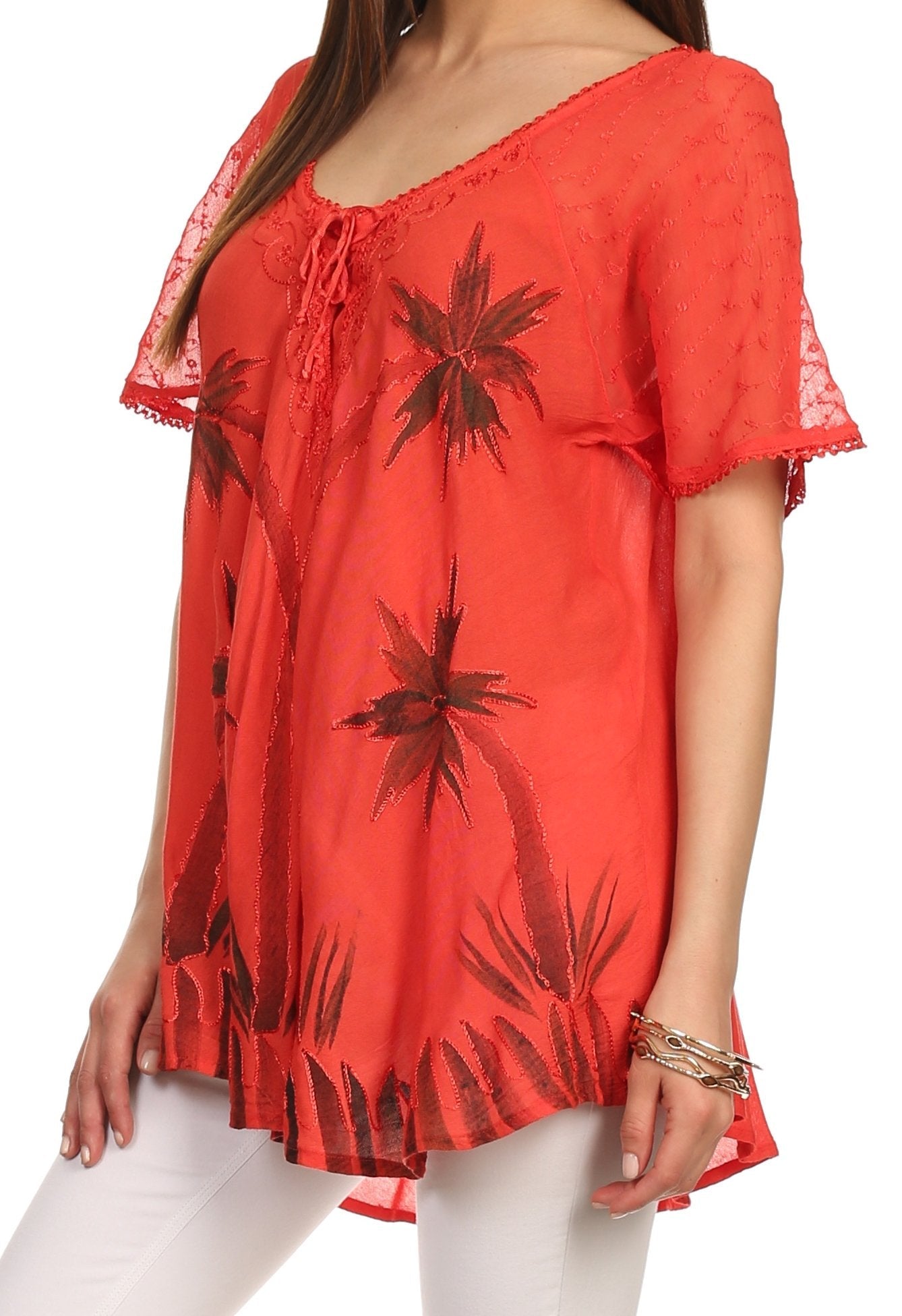 Sakkas Albina Island Relaxed Fit Embroidery Cap Sleeves Blouse / Top - Concordia Style Boutique