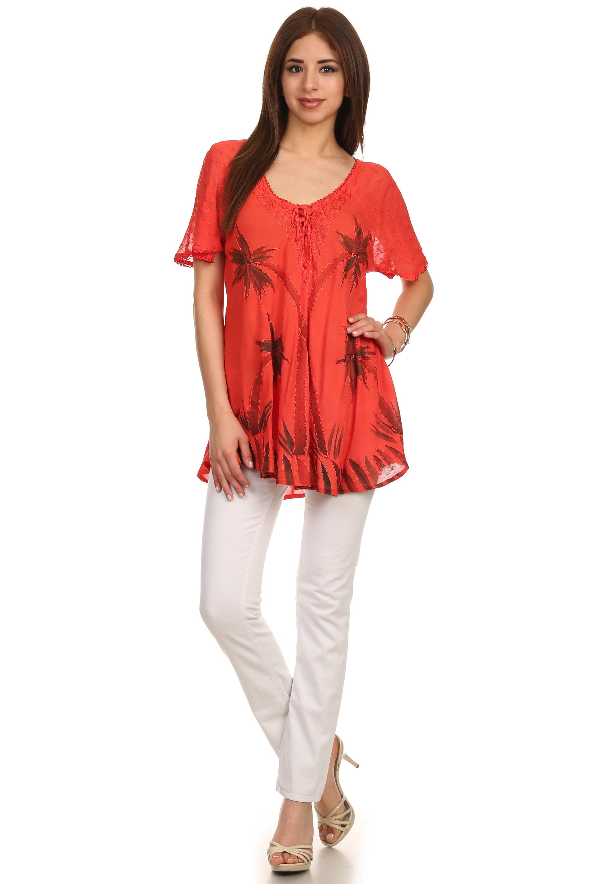 Sakkas Albina Island Relaxed Fit Embroidery Cap Sleeves Blouse / Top - Concordia Style Boutique