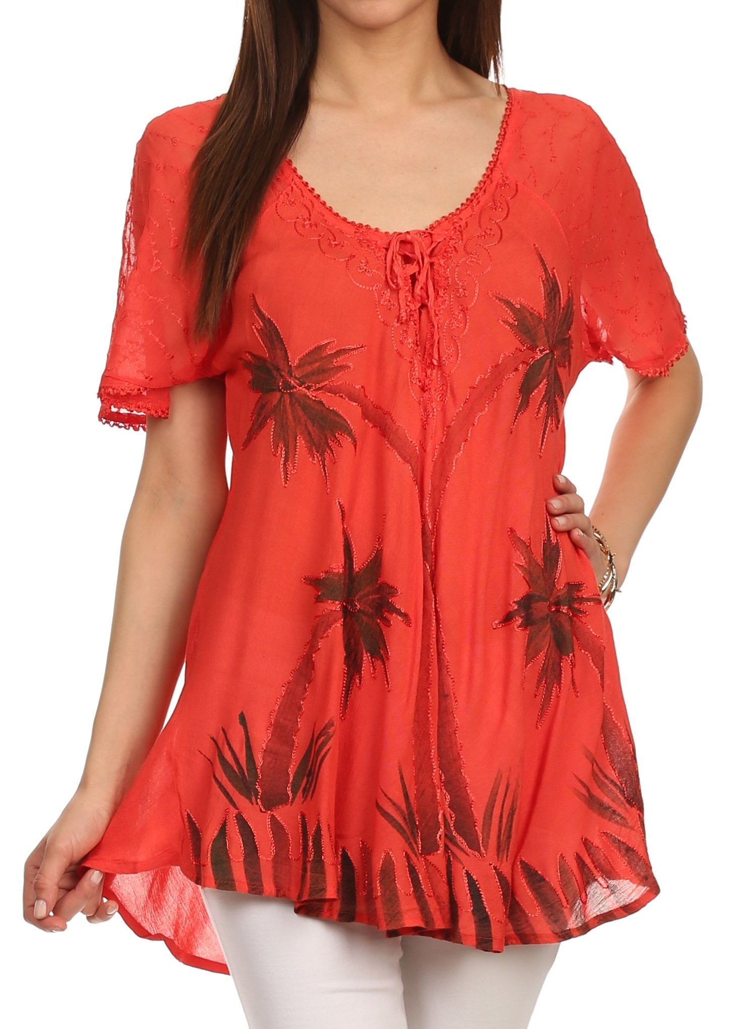 Sakkas Albina Island Relaxed Fit Embroidery Cap Sleeves Blouse / Top - Concordia Style Boutique