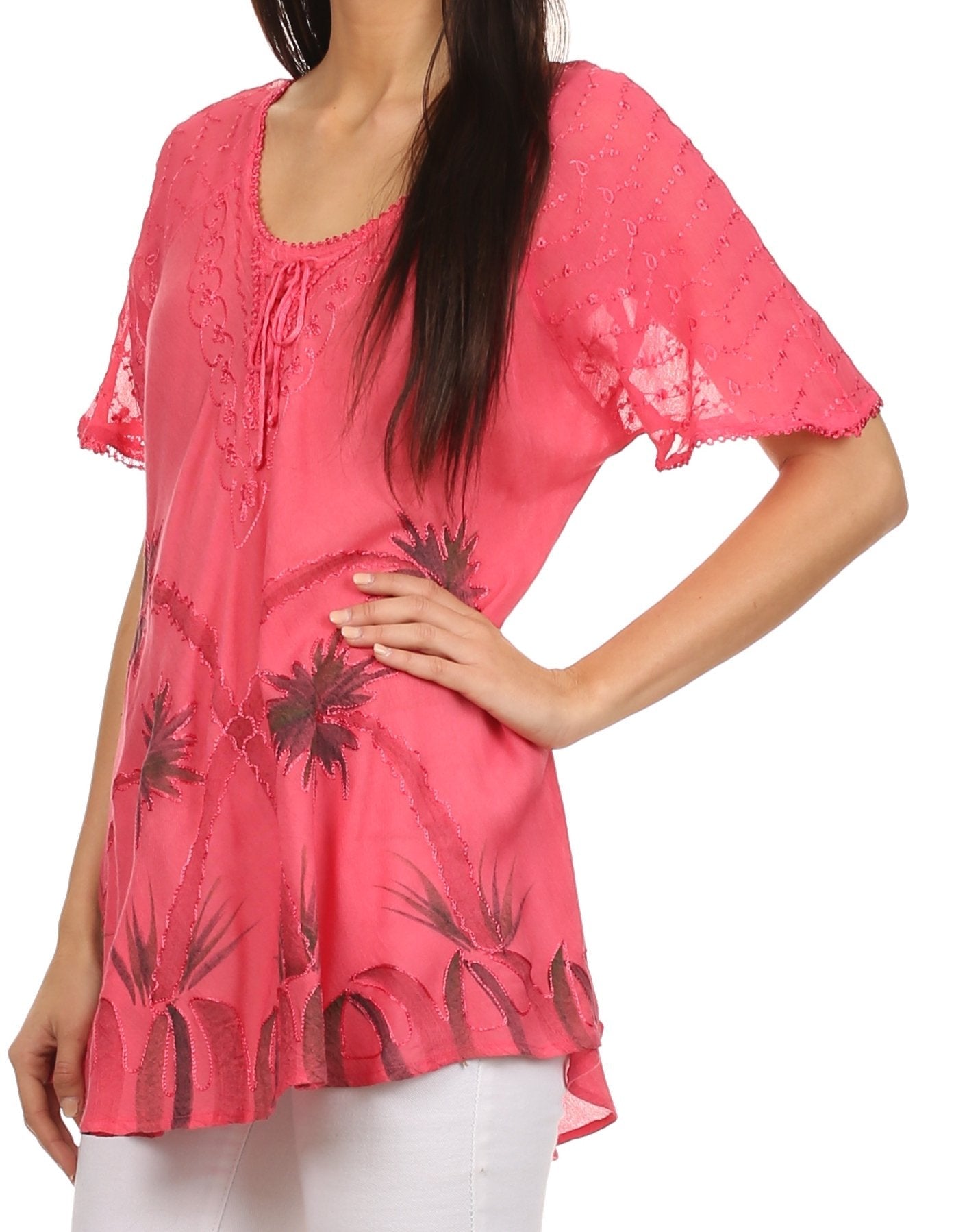 Sakkas Albina Island Relaxed Fit Embroidery Cap Sleeves Blouse / Top - Concordia Style Boutique