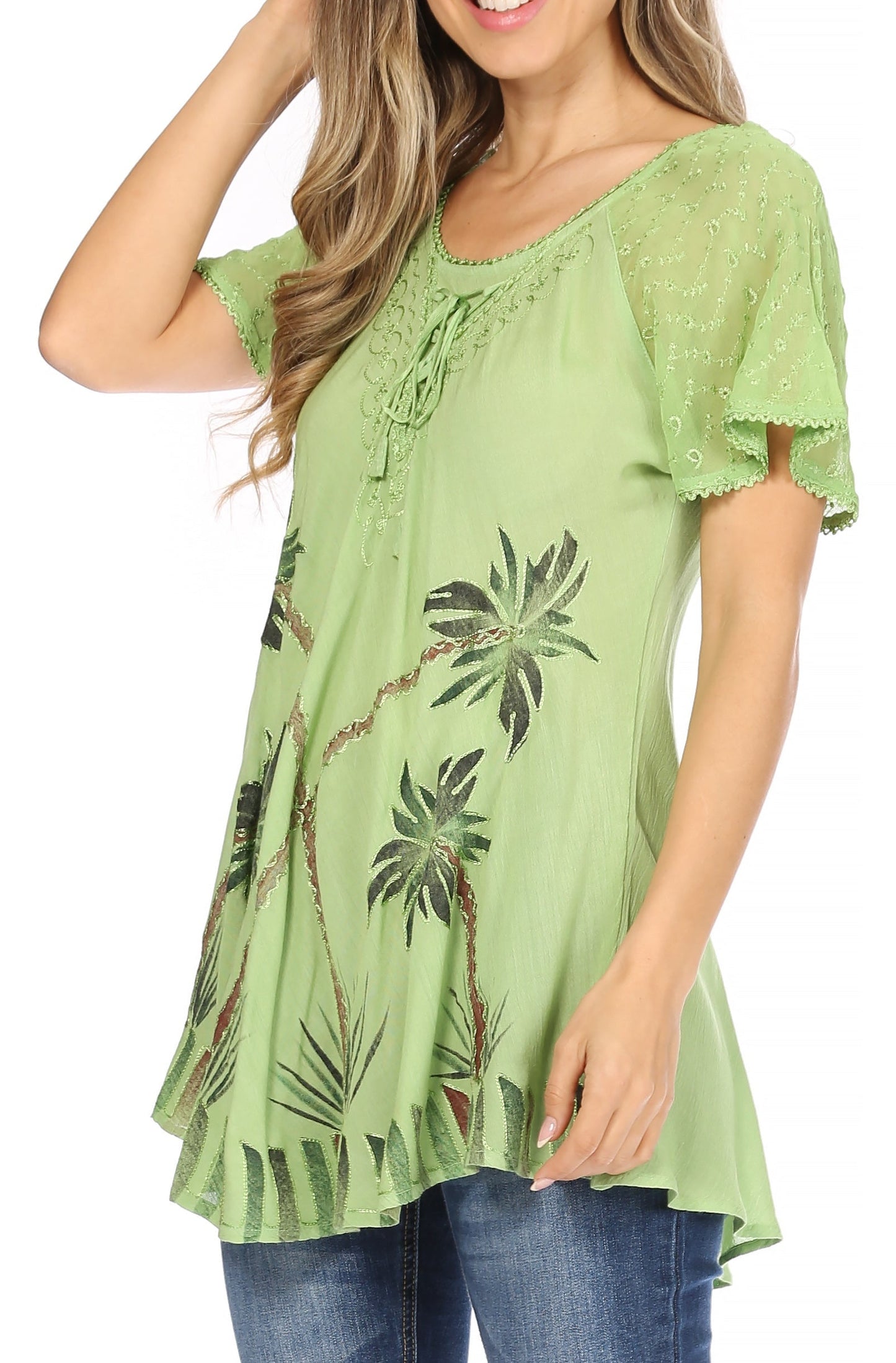 Sakkas Albina Island Relaxed Fit Embroidery Cap Sleeves Blouse / Top - Concordia Style Boutique