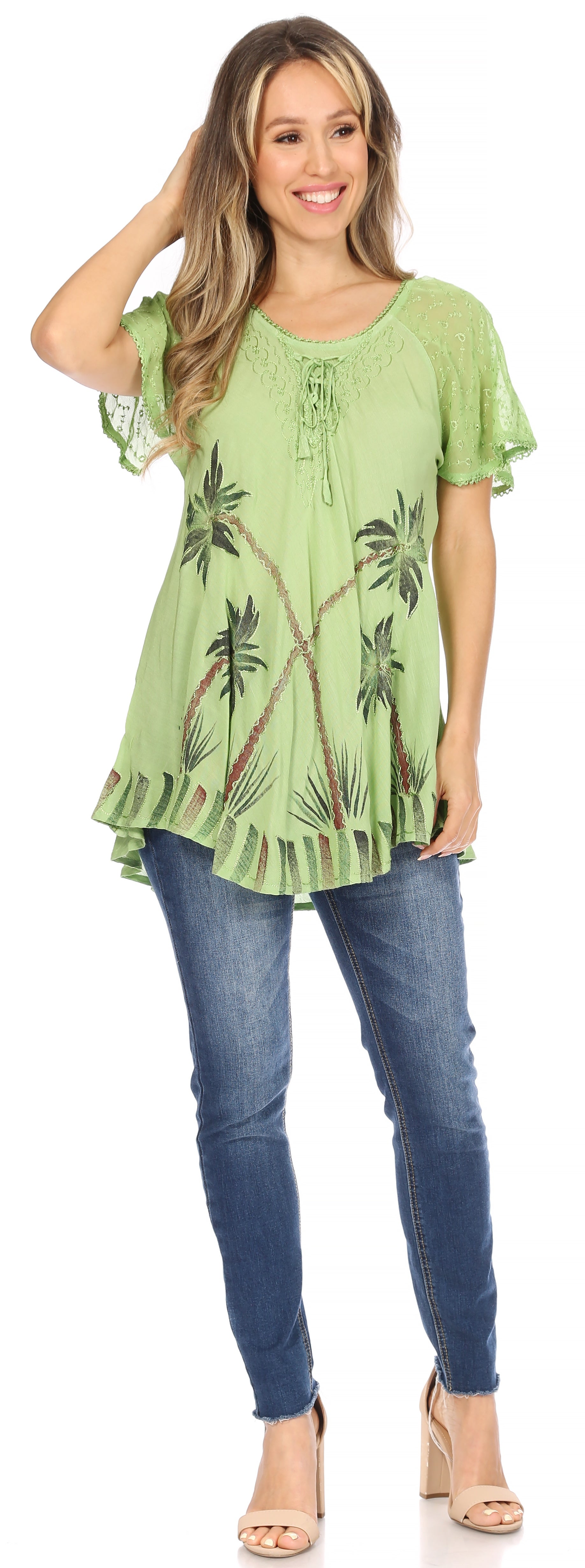 Sakkas Albina Island Relaxed Fit Embroidery Cap Sleeves Blouse / Top - Concordia Style Boutique