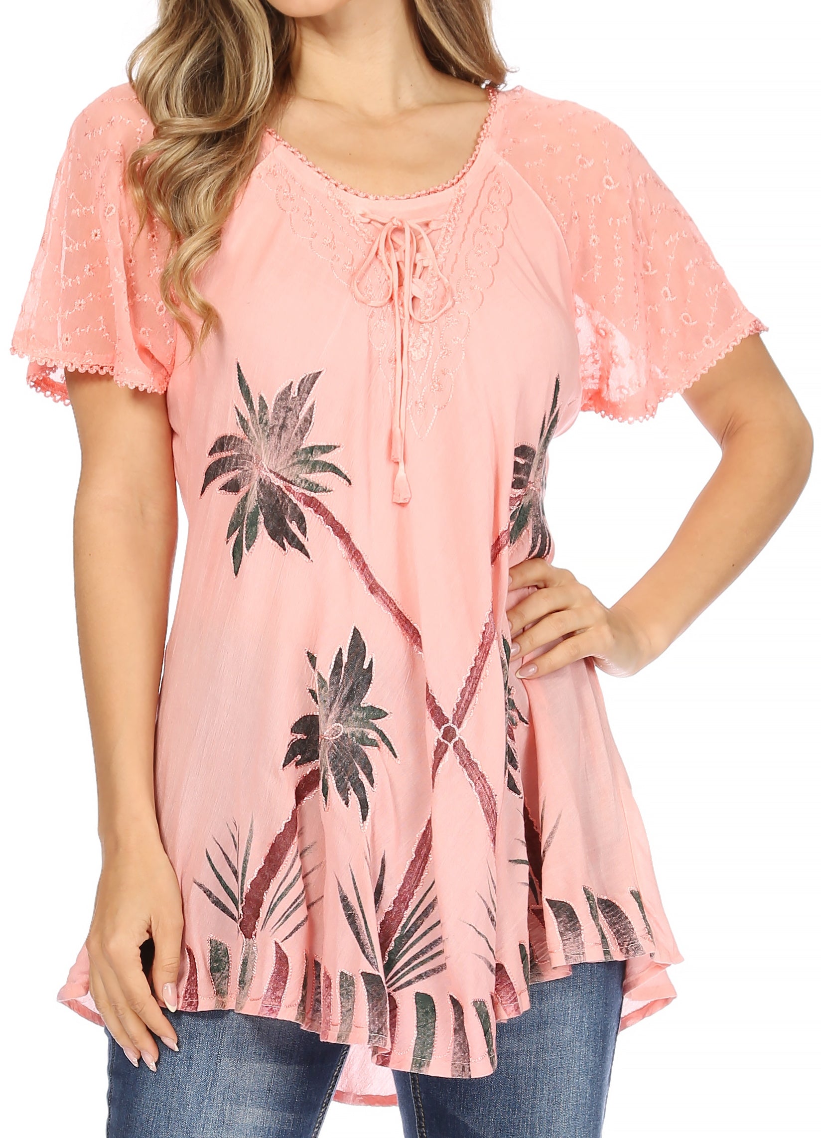 Sakkas Albina Island Relaxed Fit Embroidery Cap Sleeves Blouse / Top - Concordia Style Boutique