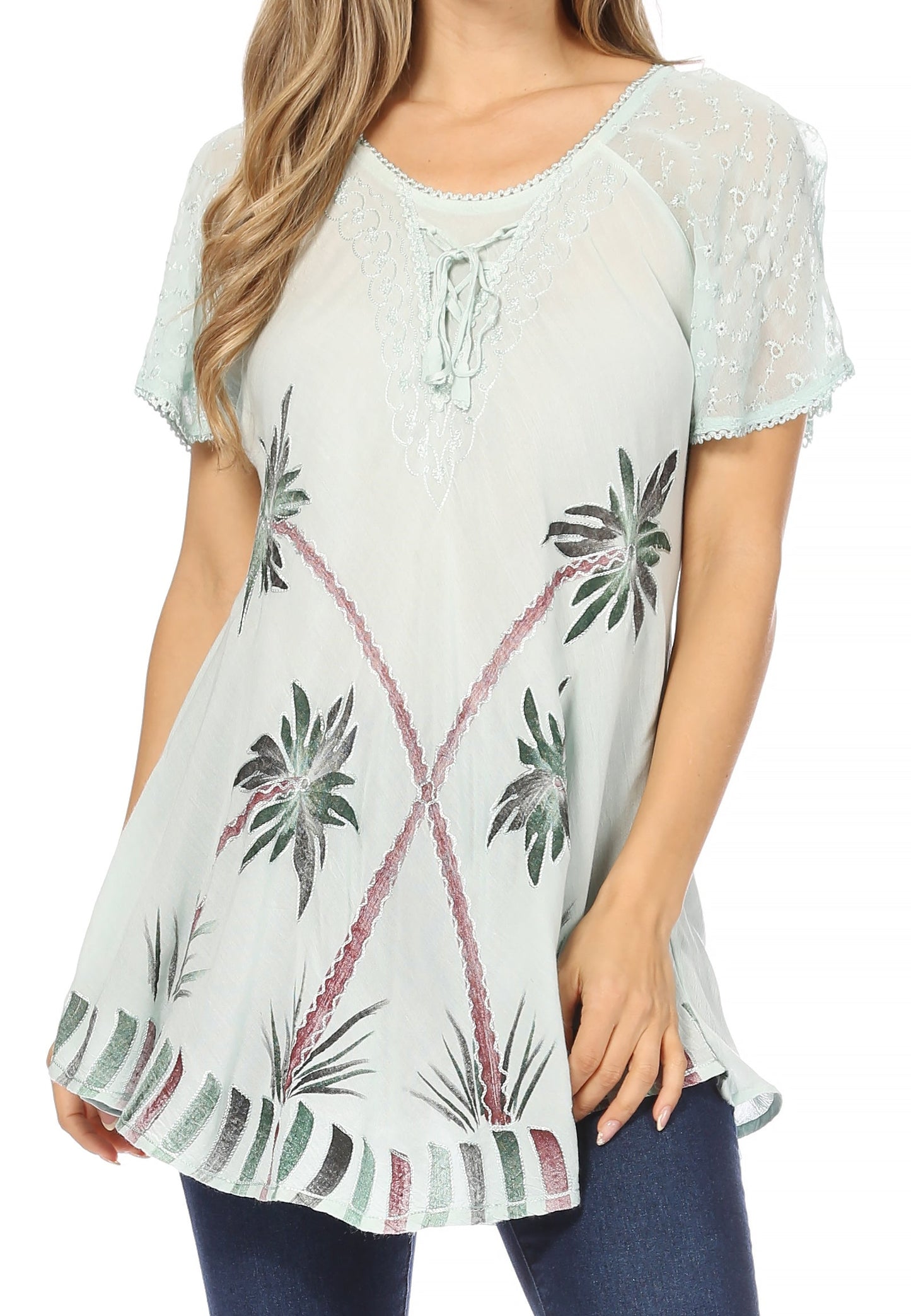 Sakkas Albina Island Relaxed Fit Embroidery Cap Sleeves Blouse / Top - Concordia Style Boutique
