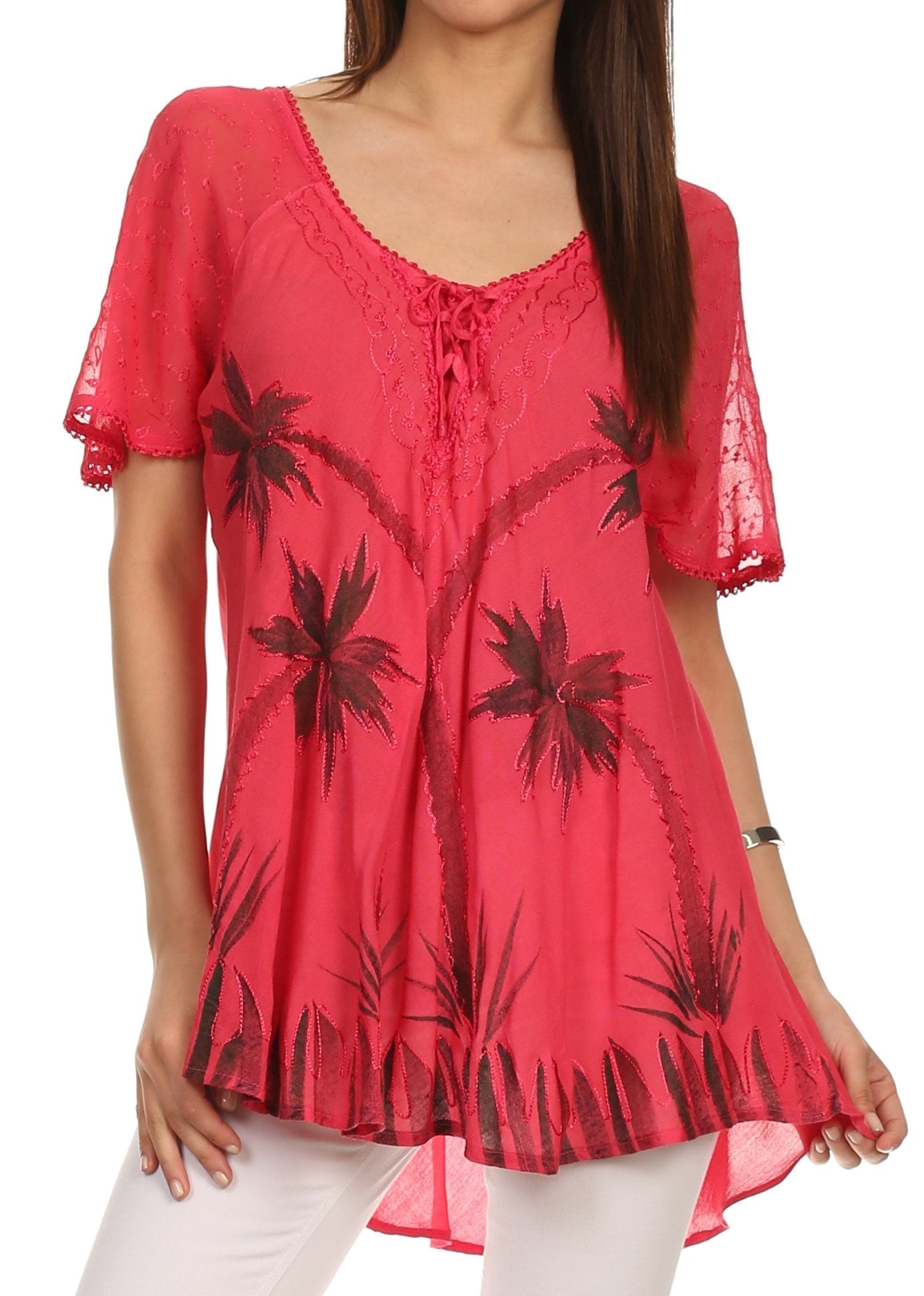 Sakkas Albina Island Relaxed Fit Embroidery Cap Sleeves Blouse / Top - Concordia Style Boutique