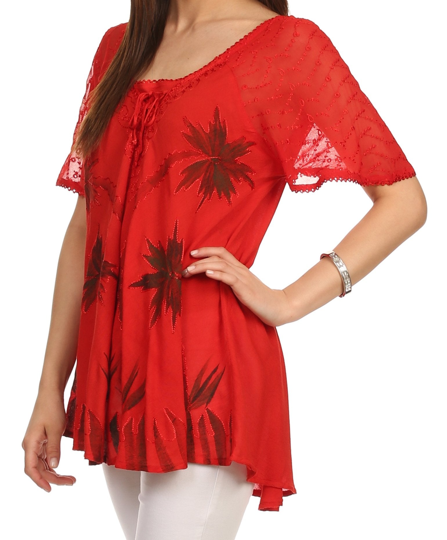 Sakkas Albina Island Relaxed Fit Embroidery Cap Sleeves Blouse / Top - Concordia Style Boutique