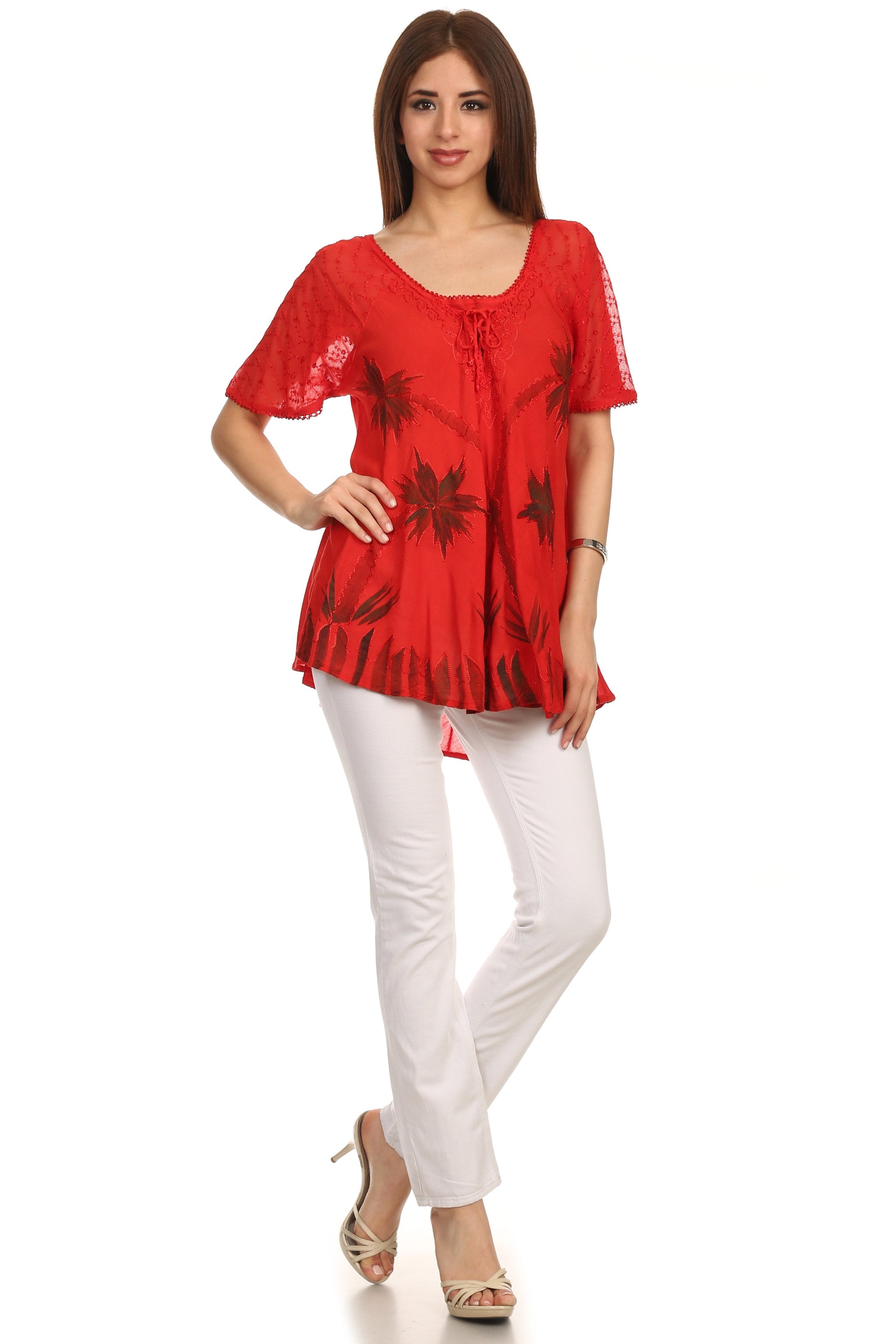 Sakkas Albina Island Relaxed Fit Embroidery Cap Sleeves Blouse / Top - Concordia Style Boutique
