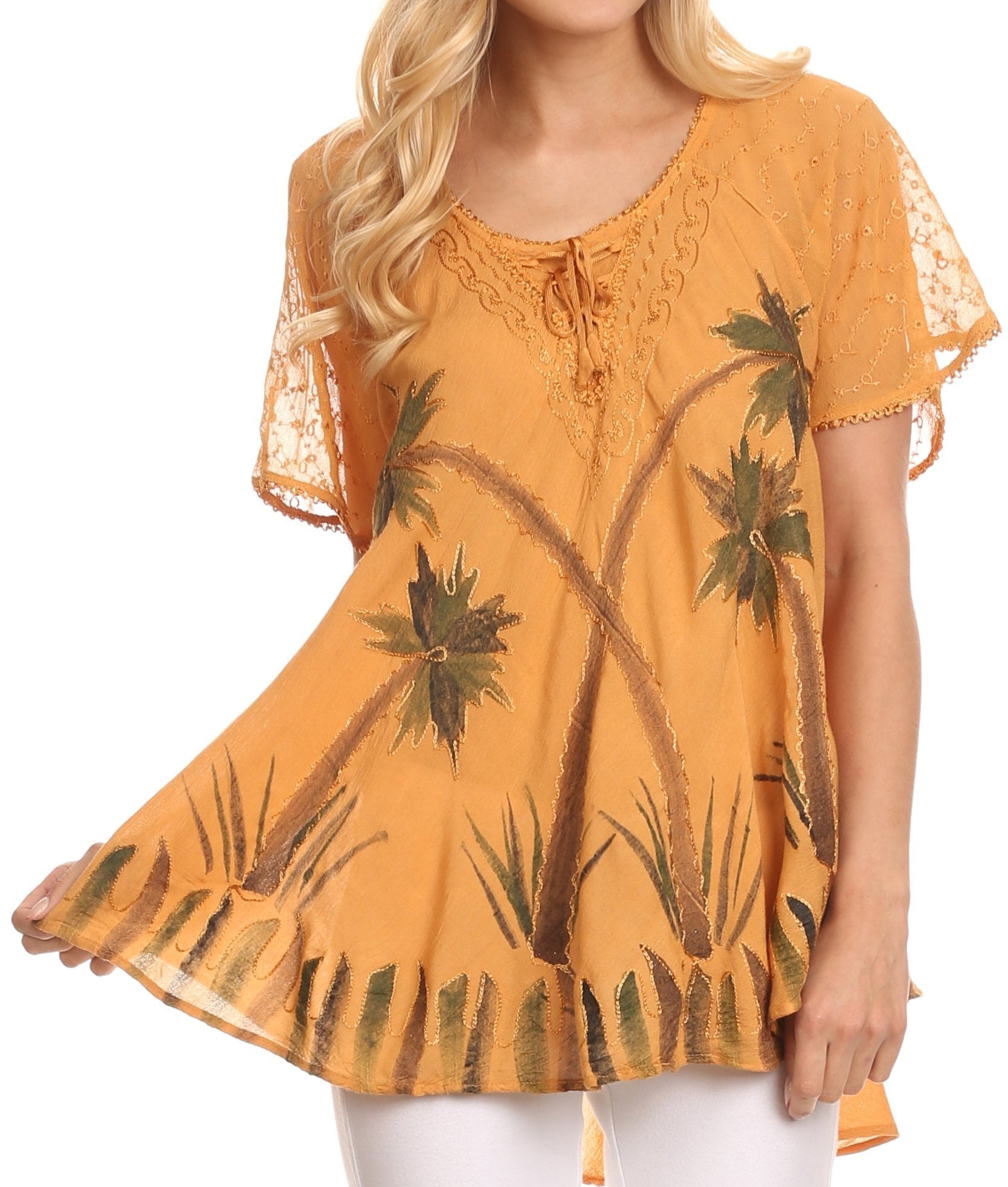 Sakkas Albina Island Relaxed Fit Embroidery Cap Sleeves Blouse / Top - Concordia Style Boutique