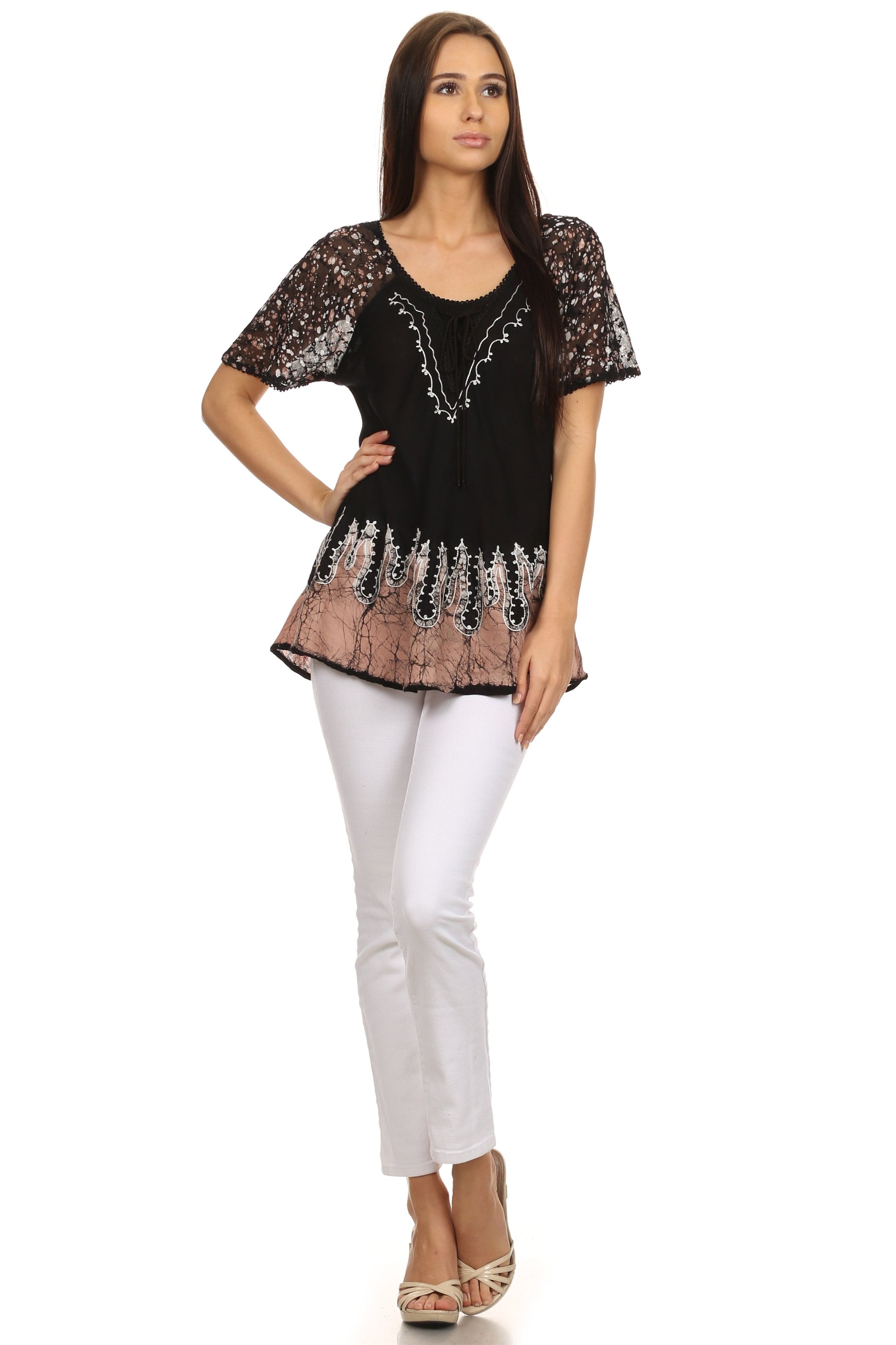 Sakkas Cora Relaxed Fit Batik Design Embroidery Cap Sleeves Blouse / Top - Concordia Style Boutique