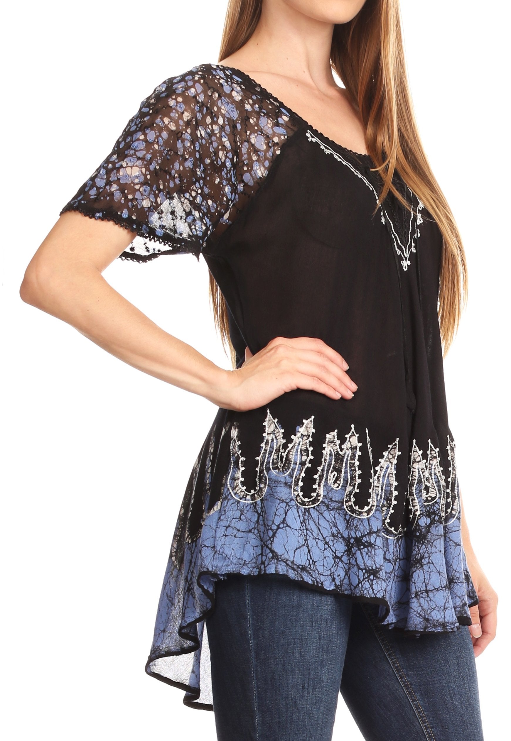 Sakkas Cora Relaxed Fit Batik Design Embroidery Cap Sleeves Blouse / Top - Concordia Style Boutique