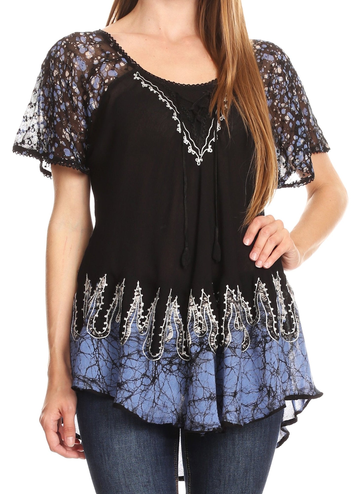 Sakkas Cora Relaxed Fit Batik Design Embroidery Cap Sleeves Blouse / Top - Concordia Style Boutique