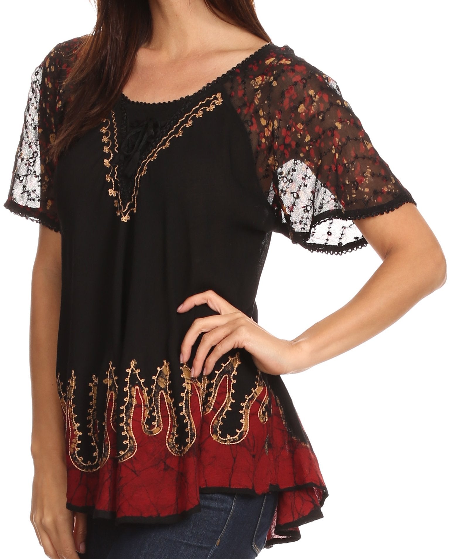 Sakkas Cora Relaxed Fit Batik Design Embroidery Cap Sleeves Blouse / Top - Concordia Style Boutique