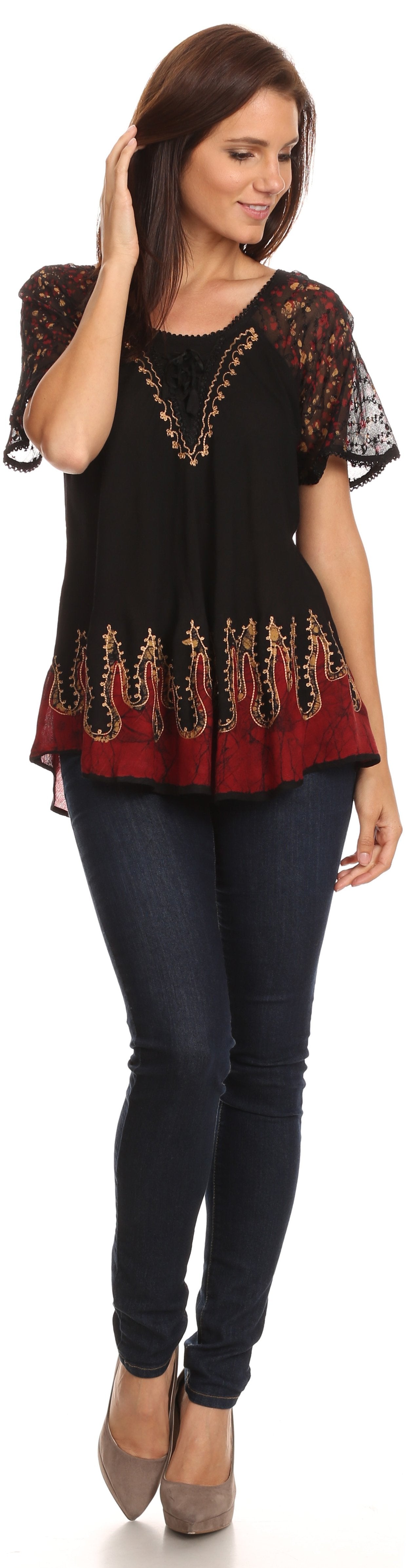 Sakkas Cora Relaxed Fit Batik Design Embroidery Cap Sleeves Blouse / Top - Concordia Style Boutique