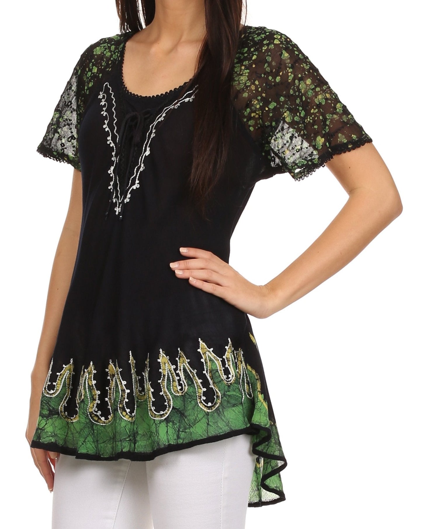 Sakkas Cora Relaxed Fit Batik Design Embroidery Cap Sleeves Blouse / Top - Concordia Style Boutique