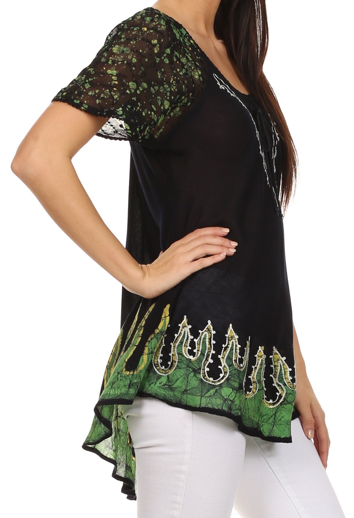 Sakkas Cora Relaxed Fit Batik Design Embroidery Cap Sleeves Blouse / Top - Concordia Style Boutique