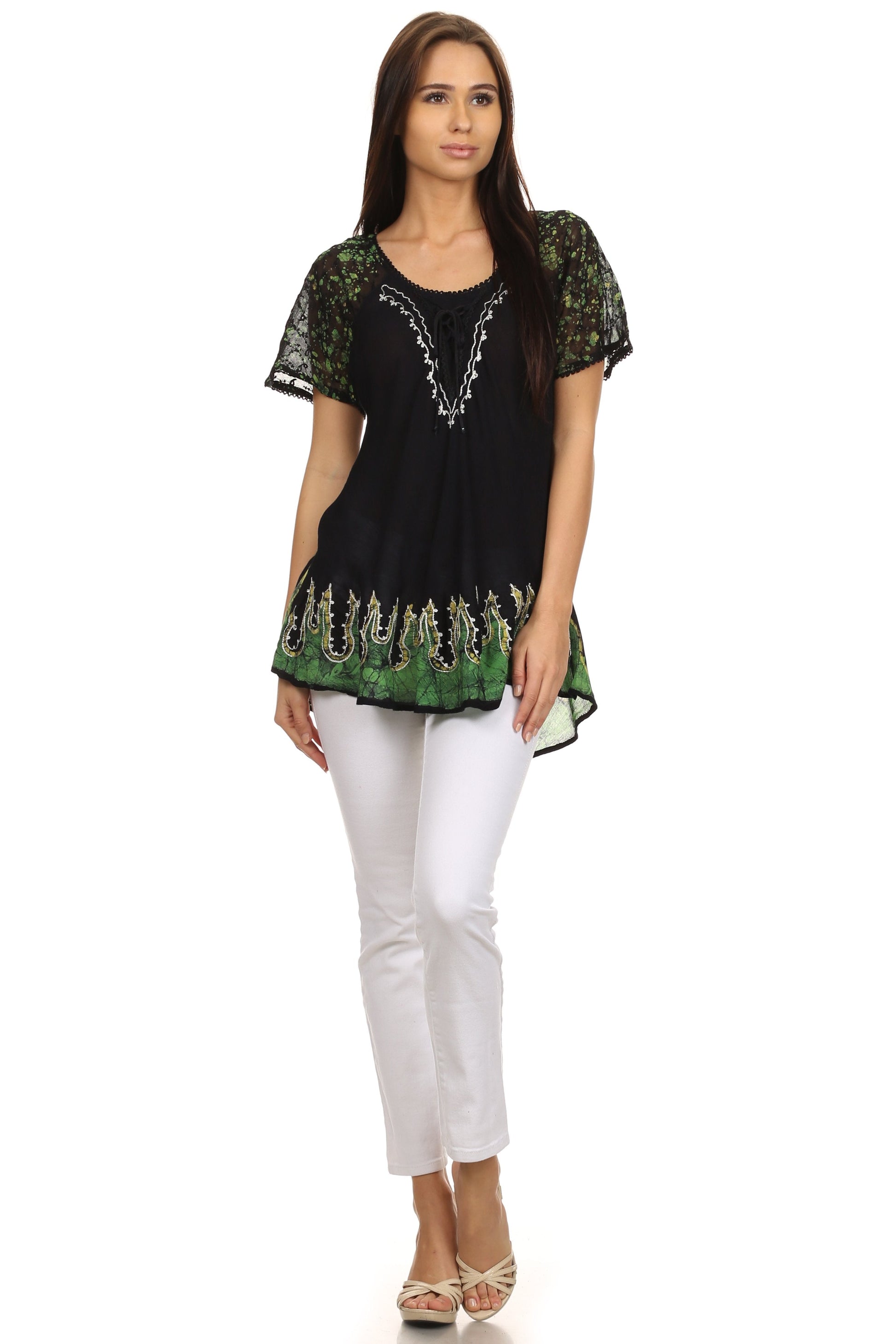 Sakkas Cora Relaxed Fit Batik Design Embroidery Cap Sleeves Blouse / Top - Concordia Style Boutique