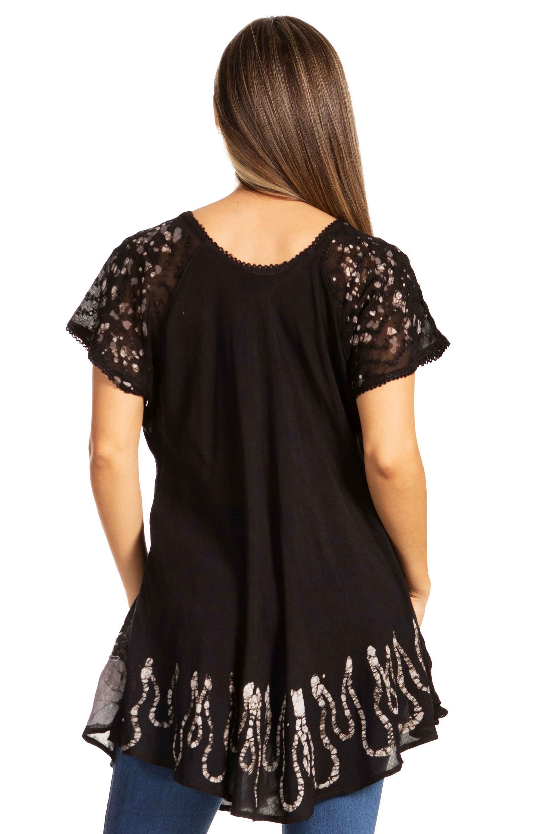 Sakkas Cora Relaxed Fit Batik Design Embroidery Cap Sleeves Blouse / Top - Concordia Style Boutique