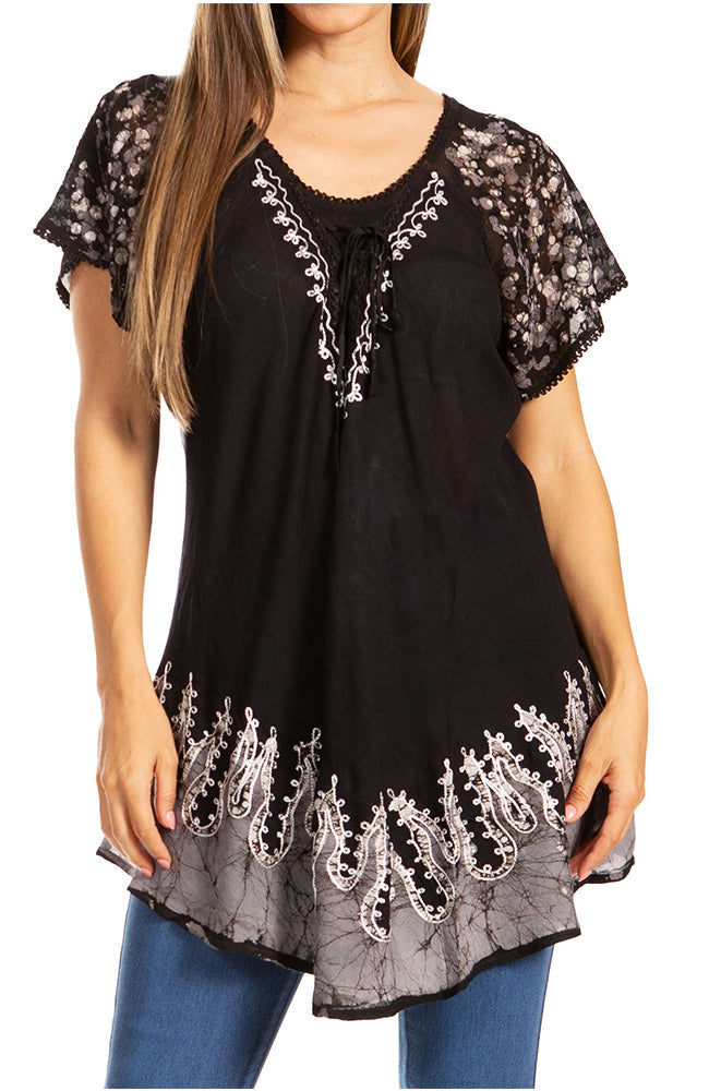 Sakkas Cora Relaxed Fit Batik Design Embroidery Cap Sleeves Blouse / Top - Concordia Style Boutique