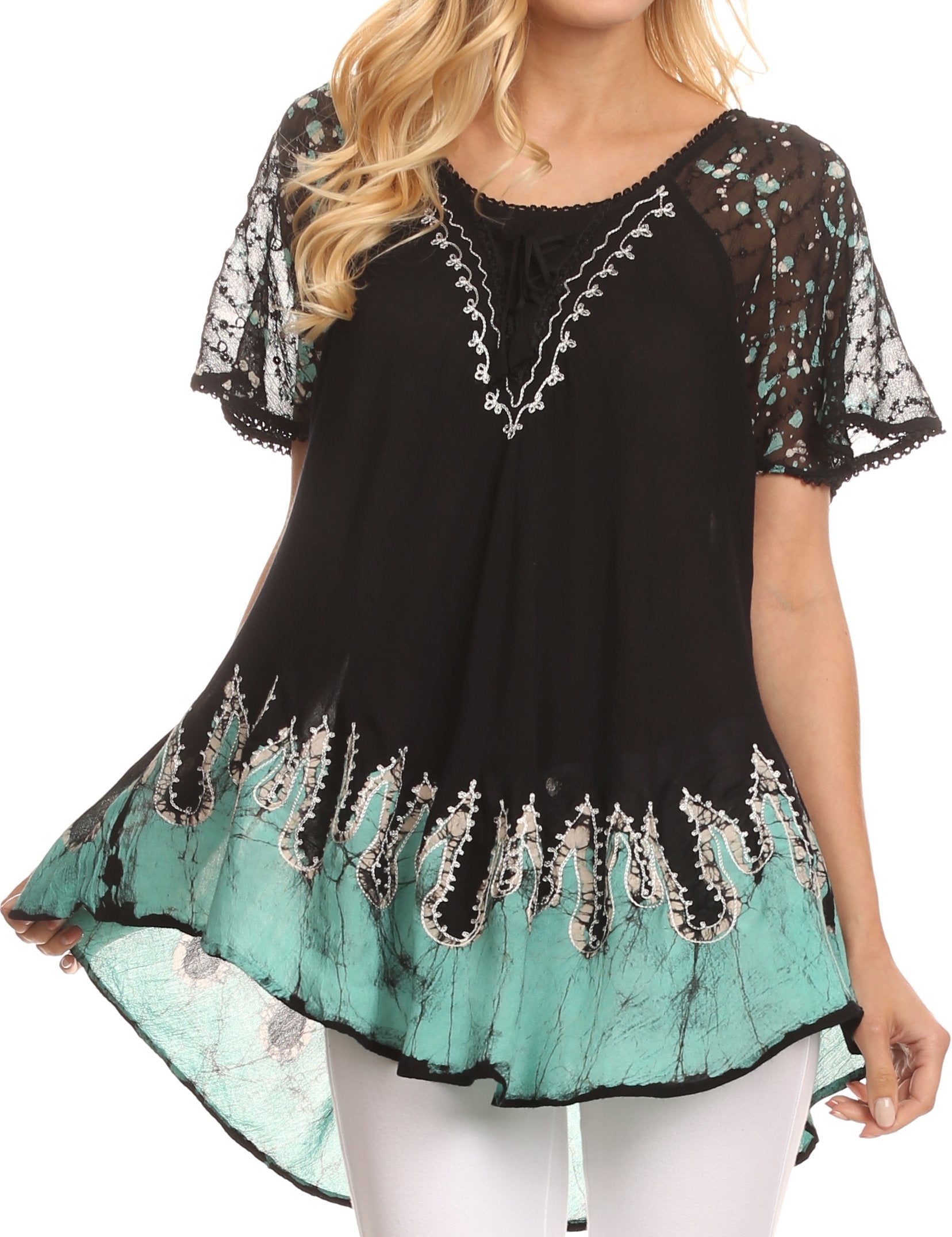 Sakkas Cora Relaxed Fit Batik Design Embroidery Cap Sleeves Blouse / Top - Concordia Style Boutique