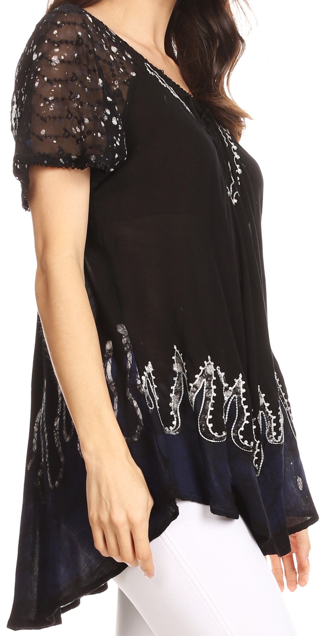 Sakkas Cora Relaxed Fit Batik Design Embroidery Cap Sleeves Blouse / Top - Concordia Style Boutique
