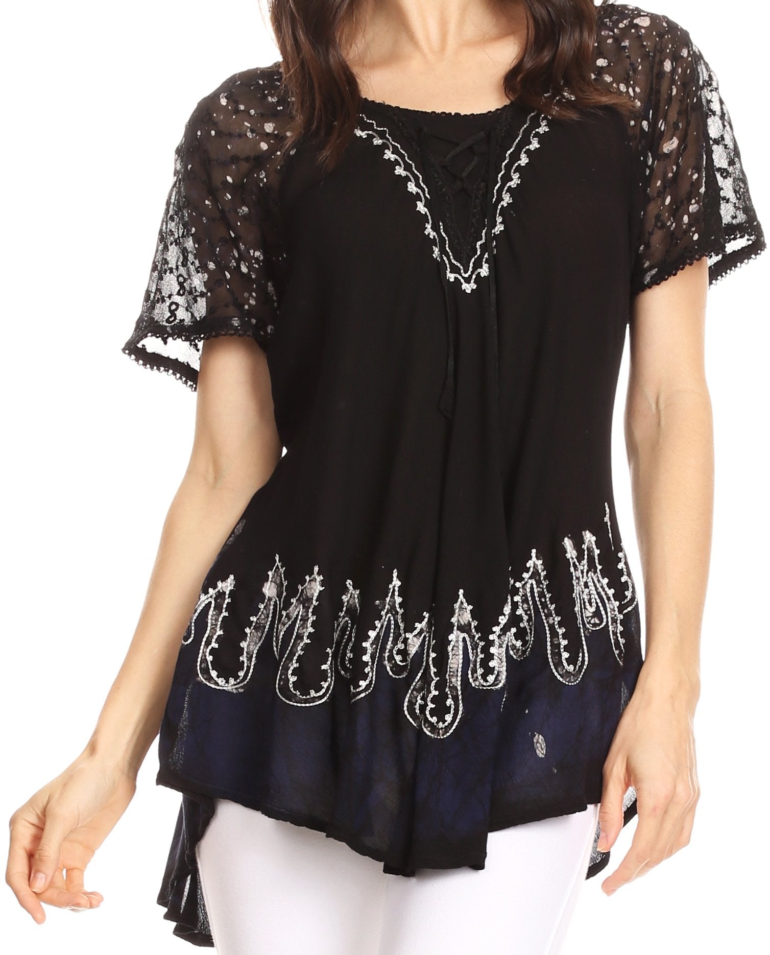 Sakkas Cora Relaxed Fit Batik Design Embroidery Cap Sleeves Blouse / Top - Concordia Style Boutique