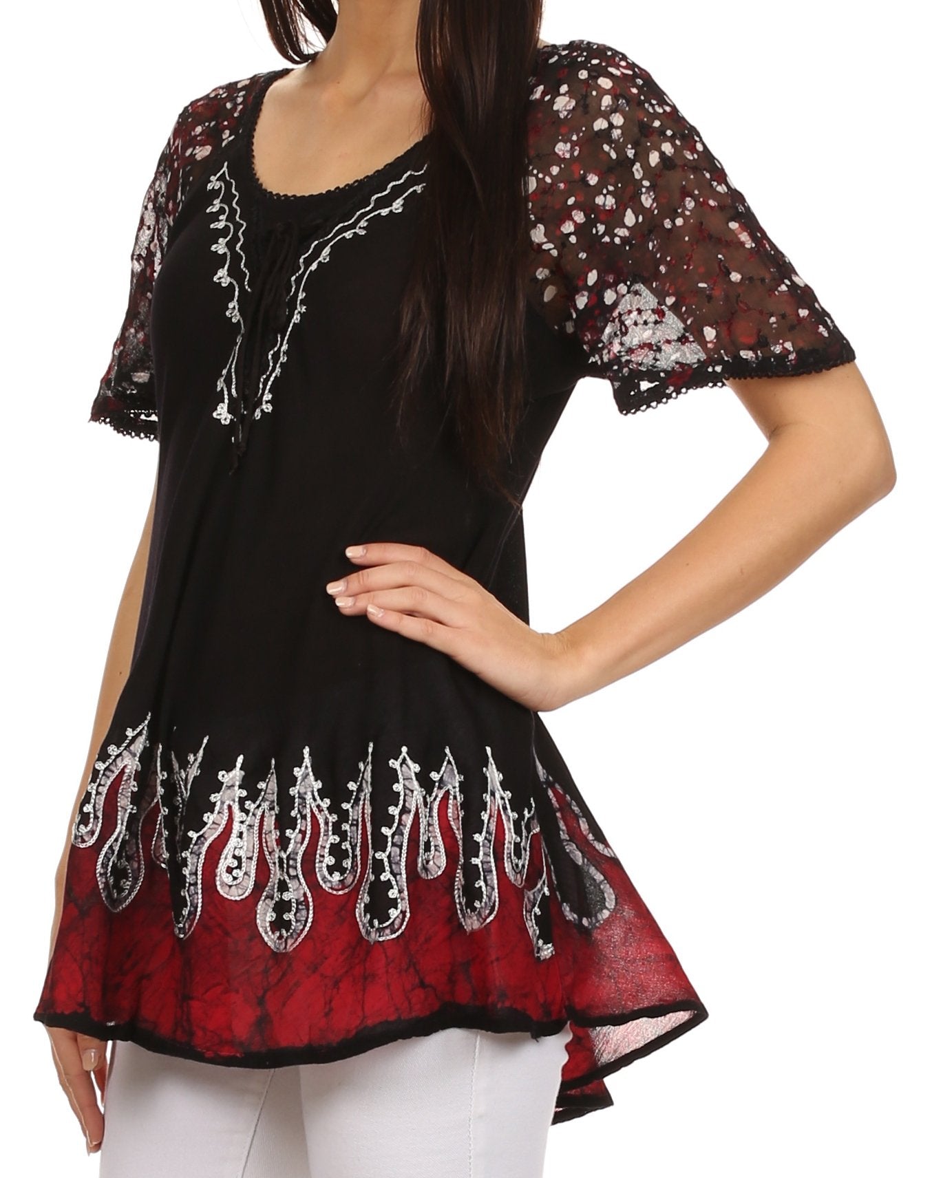 Sakkas Cora Relaxed Fit Batik Design Embroidery Cap Sleeves Blouse / Top - Concordia Style Boutique
