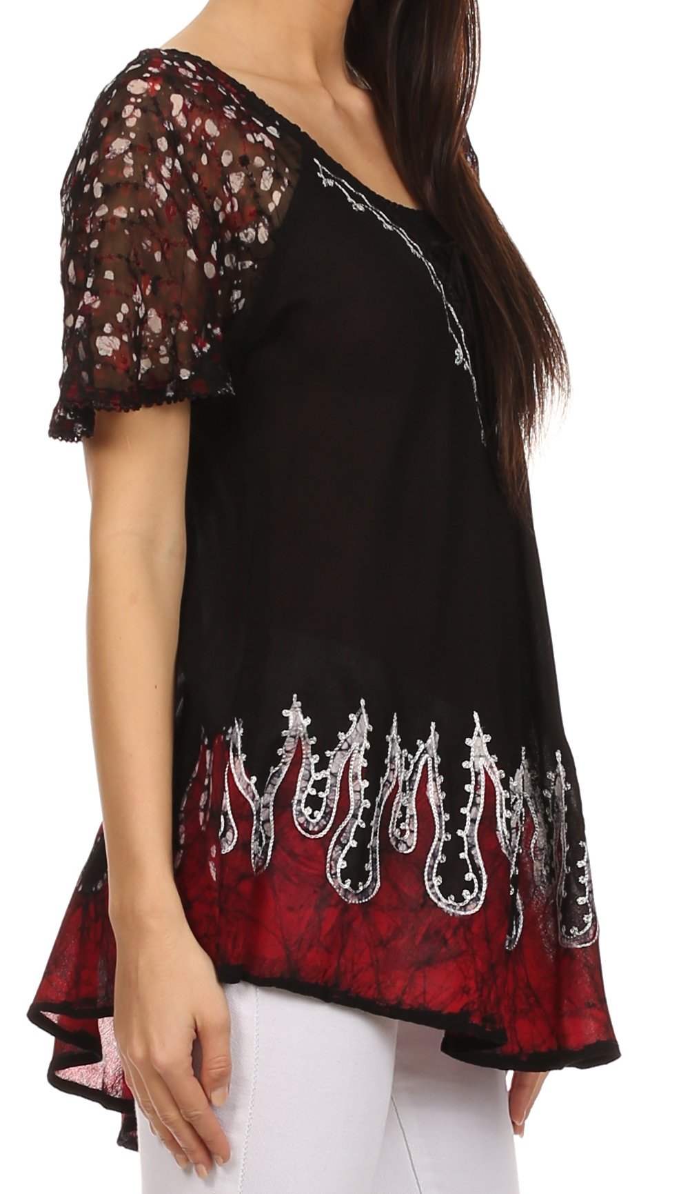 Sakkas Cora Relaxed Fit Batik Design Embroidery Cap Sleeves Blouse / Top - Concordia Style Boutique