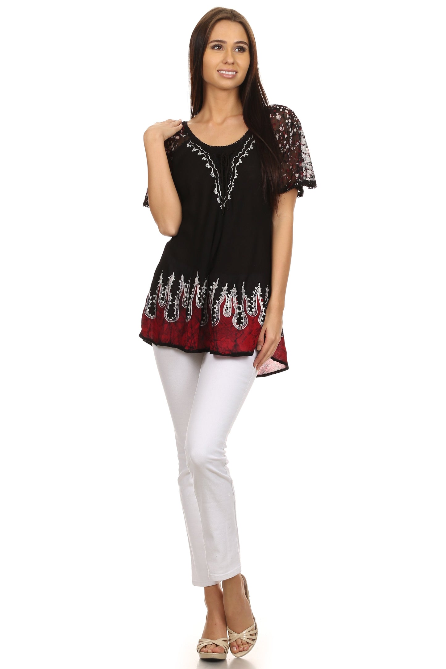 Sakkas Cora Relaxed Fit Batik Design Embroidery Cap Sleeves Blouse / Top - Concordia Style Boutique