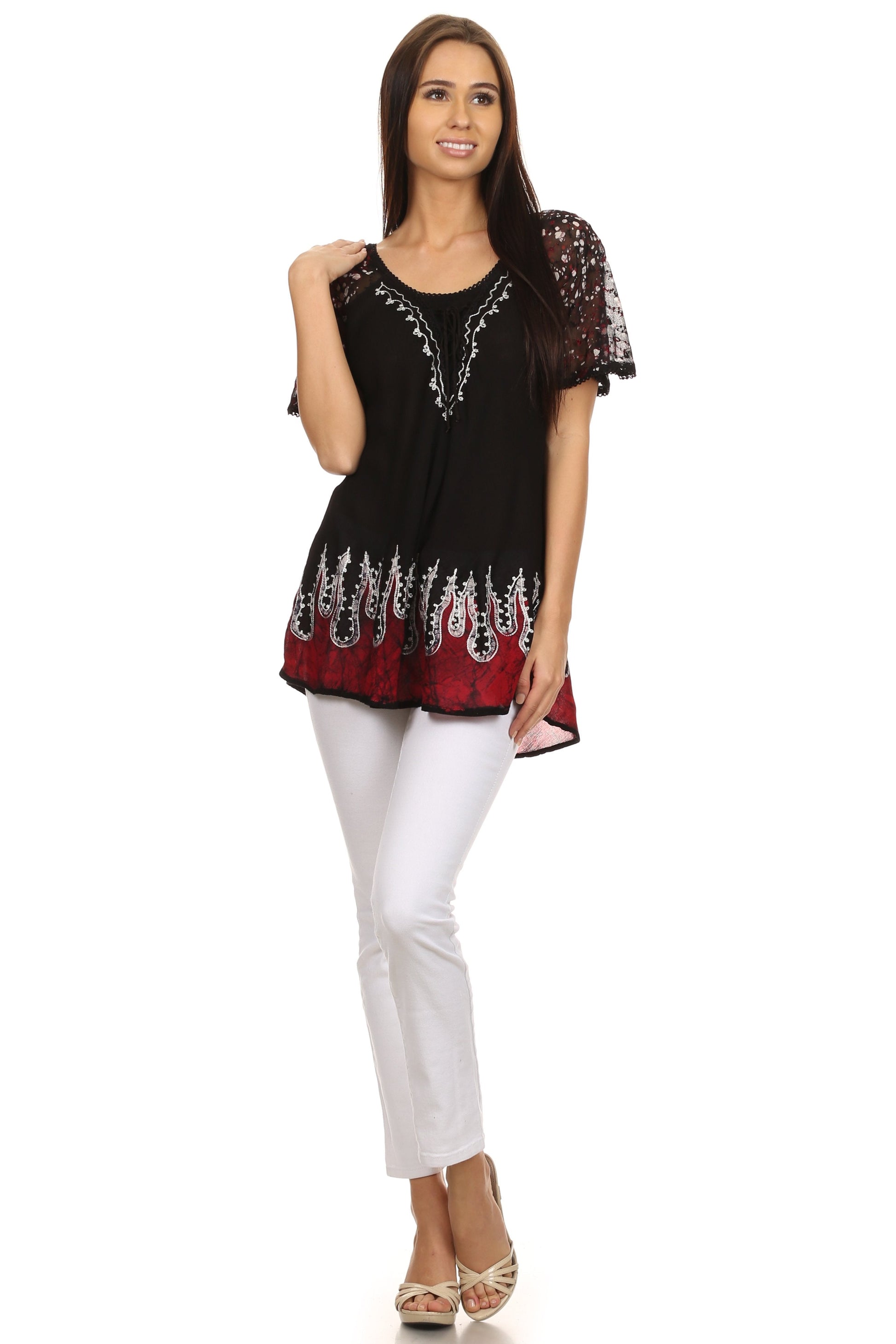Sakkas Cora Relaxed Fit Batik Design Embroidery Cap Sleeves Blouse / Top - Concordia Style Boutique