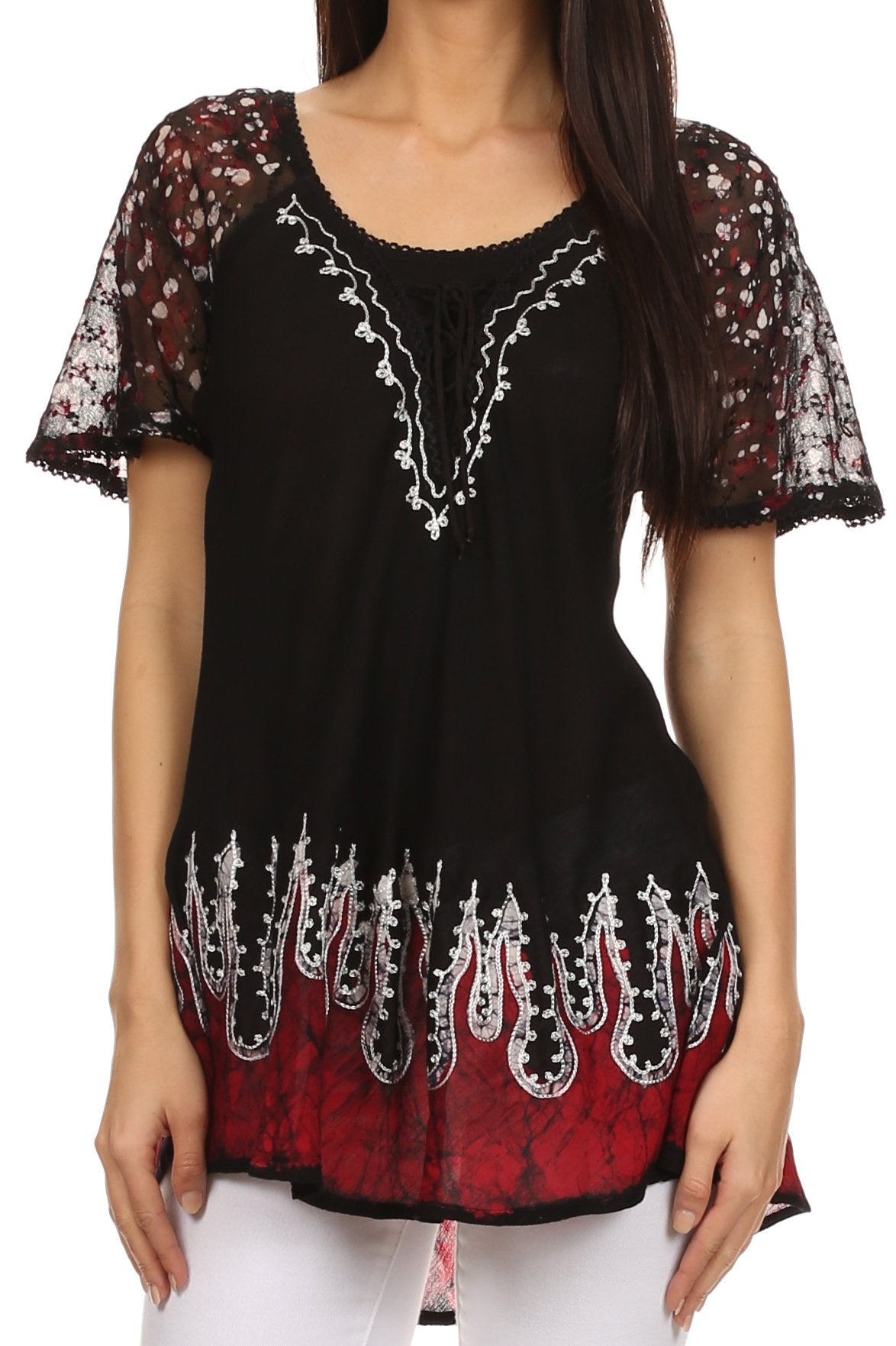 Sakkas Cora Relaxed Fit Batik Design Embroidery Cap Sleeves Blouse / Top - Concordia Style Boutique
