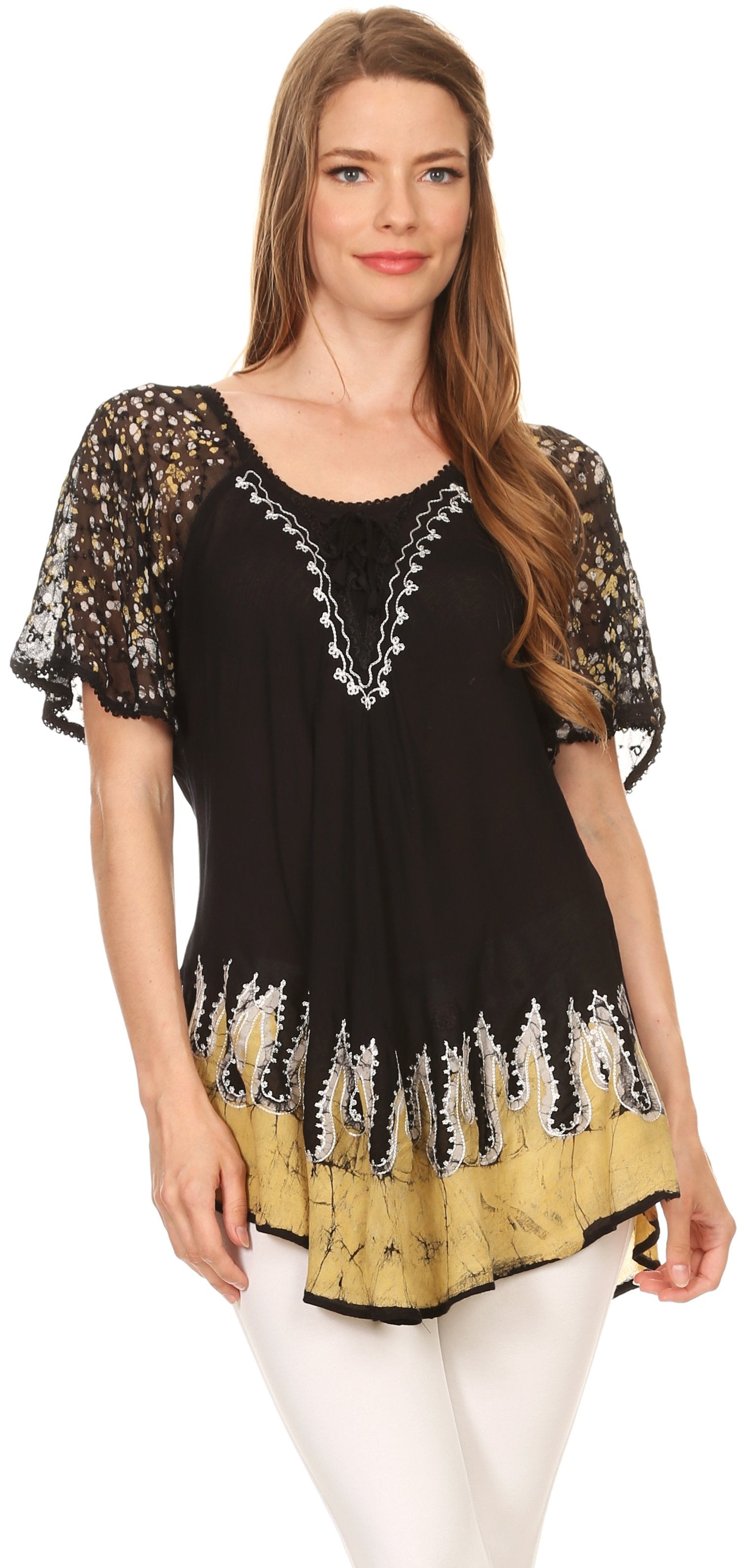 Sakkas Cora Relaxed Fit Batik Design Embroidery Cap Sleeves Blouse / Top - Concordia Style Boutique