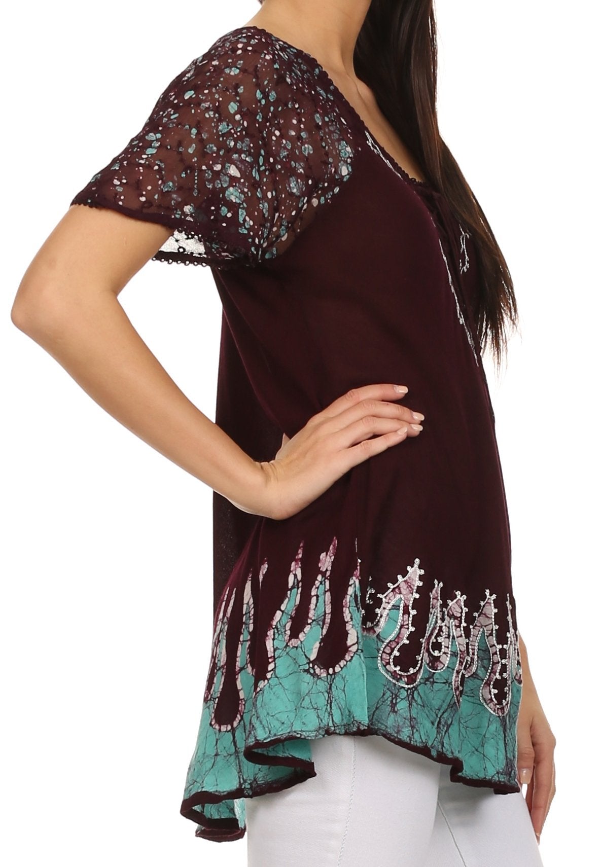 Sakkas Cora Relaxed Fit Batik Design Embroidery Cap Sleeves Blouse / Top - Concordia Style Boutique