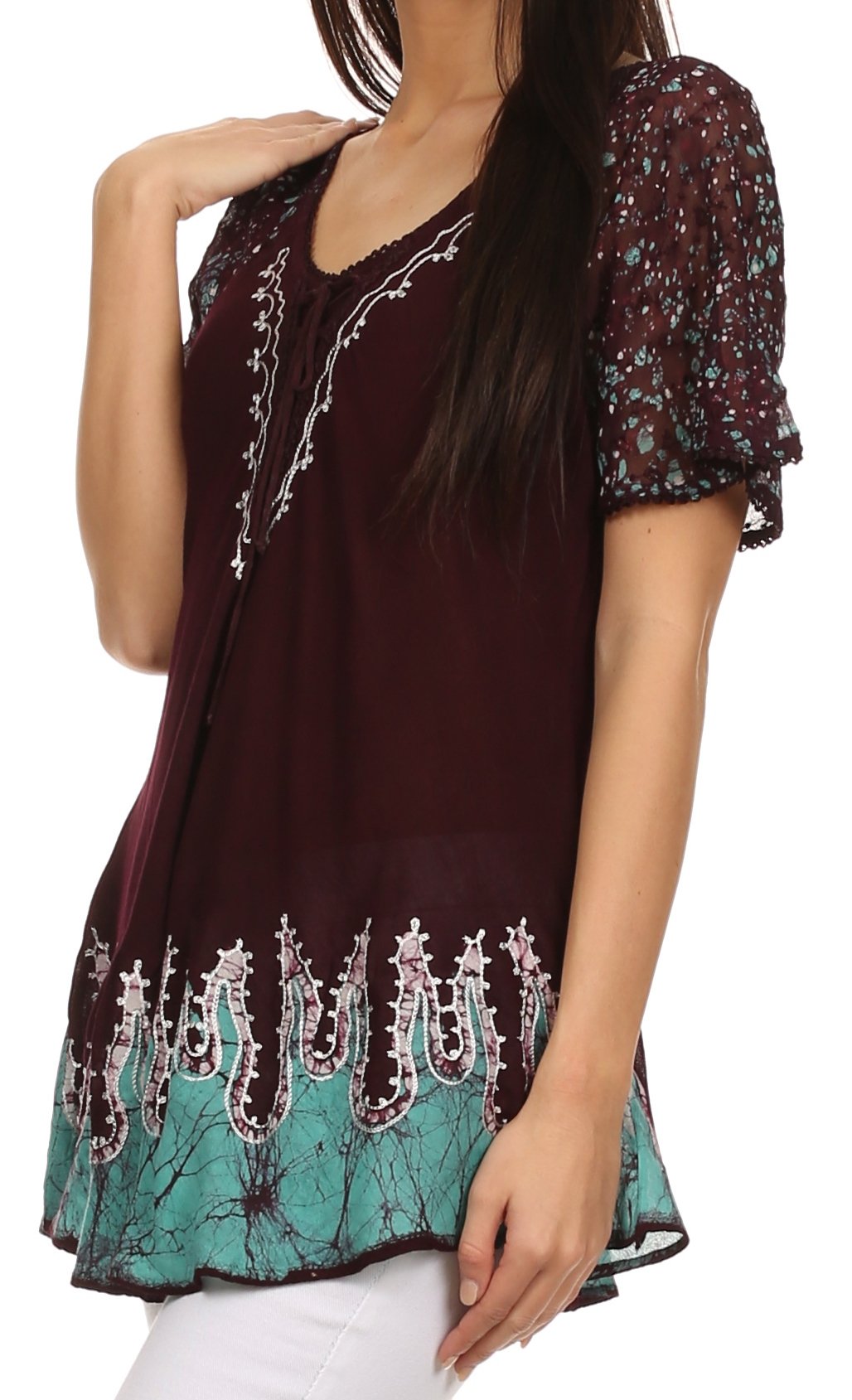Sakkas Cora Relaxed Fit Batik Design Embroidery Cap Sleeves Blouse / Top - Concordia Style Boutique