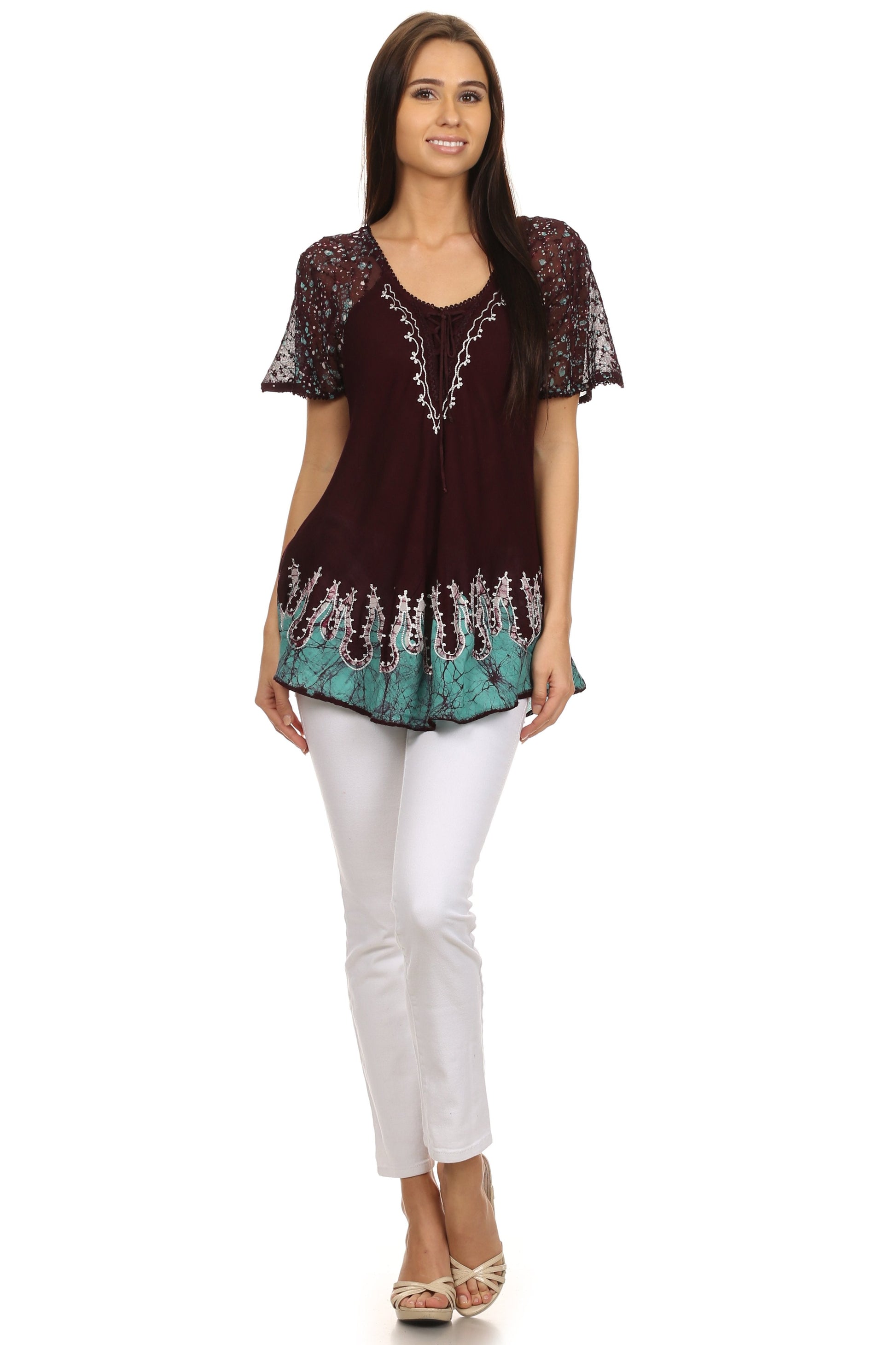 Sakkas Cora Relaxed Fit Batik Design Embroidery Cap Sleeves Blouse / Top - Concordia Style Boutique