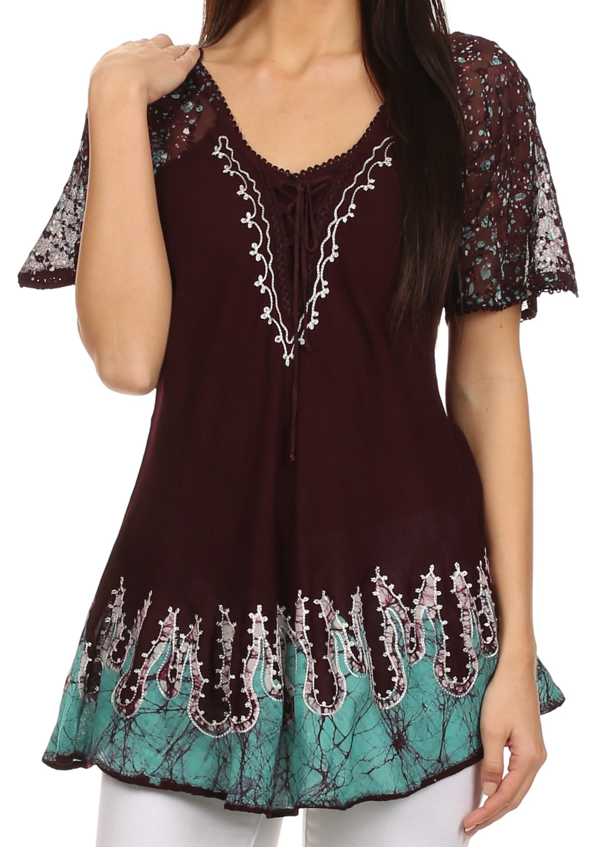 Sakkas Cora Relaxed Fit Batik Design Embroidery Cap Sleeves Blouse / Top - Concordia Style Boutique