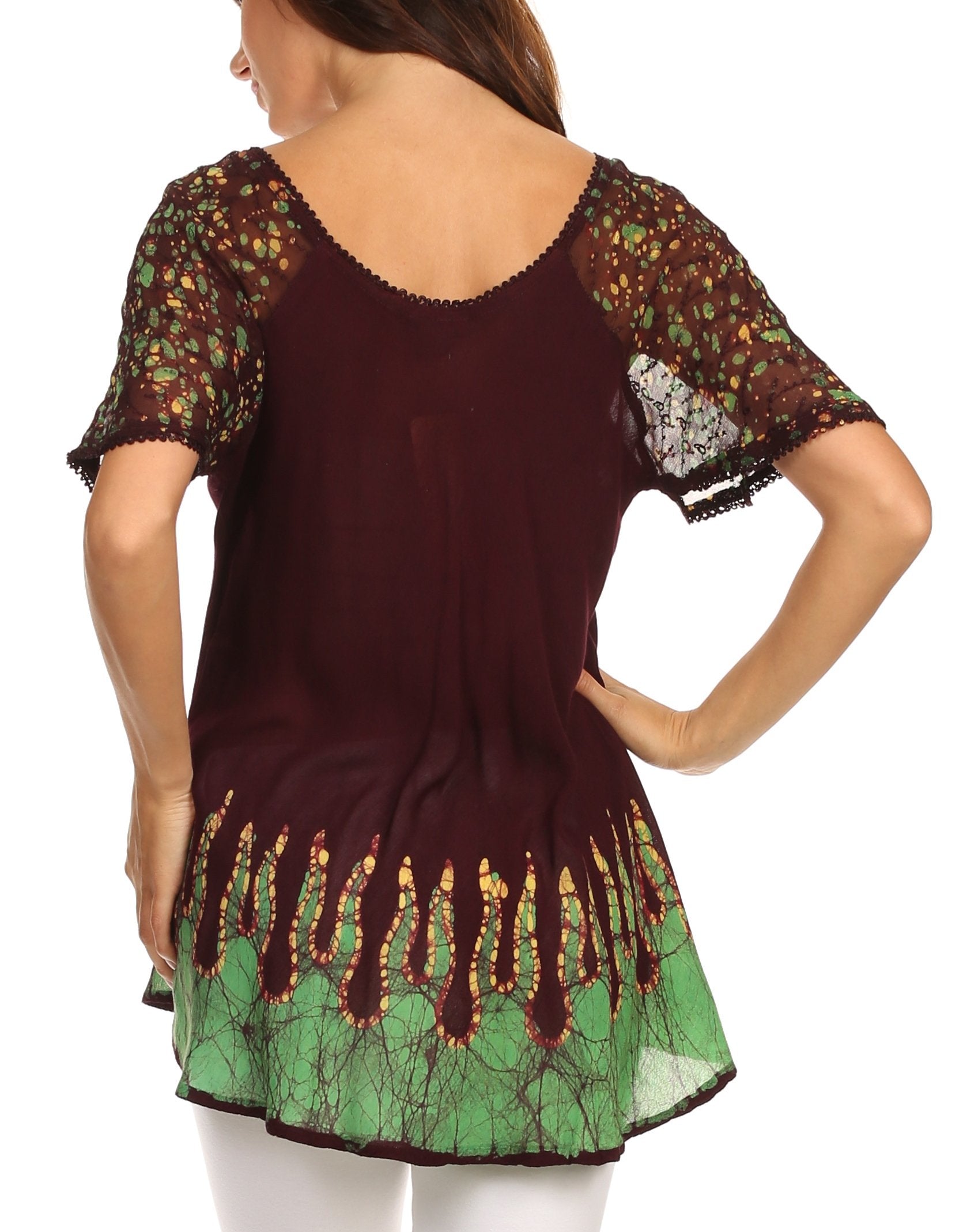 Sakkas Cora Relaxed Fit Batik Design Embroidery Cap Sleeves Blouse / Top - Concordia Style Boutique